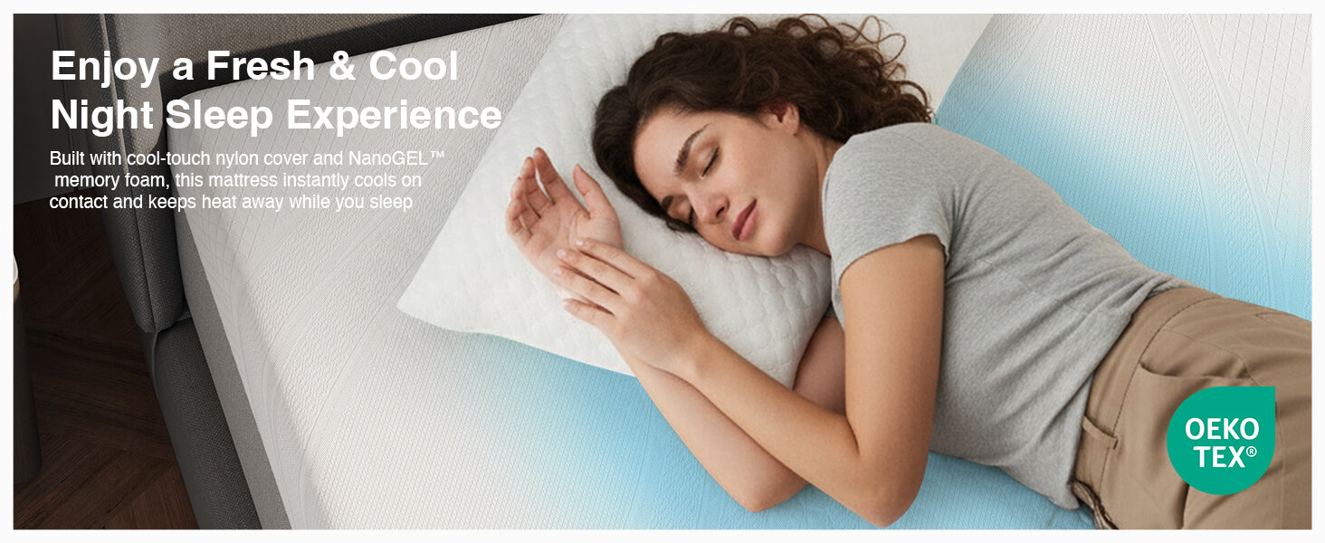 A woman enjoys a cool night's sleep on a memory foam mattress with cool-touch nylon cover and NanoGEL technology