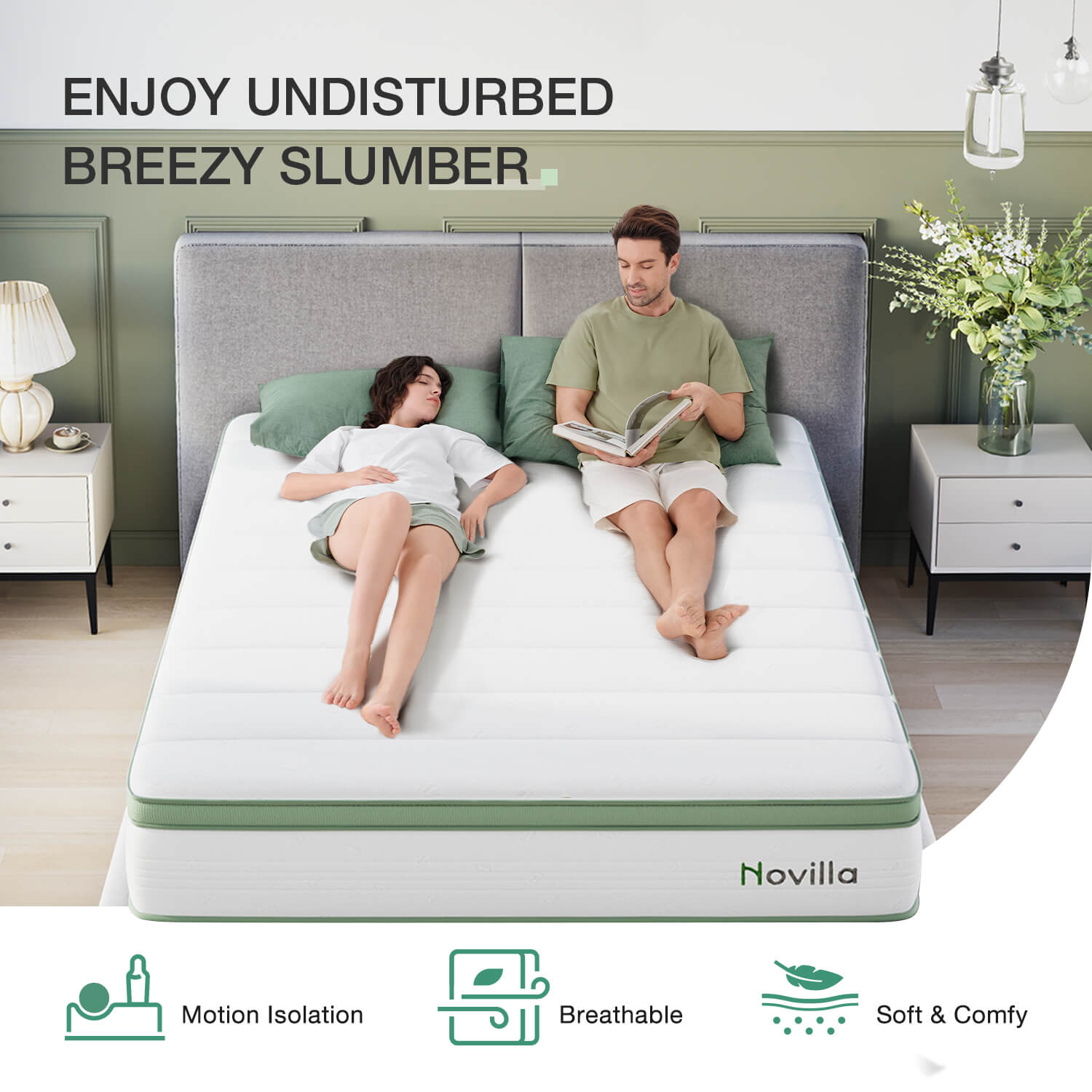 A couple on a Novilla mattress in a green bedroom, highlighting its motion isolation, breathability, and comfort