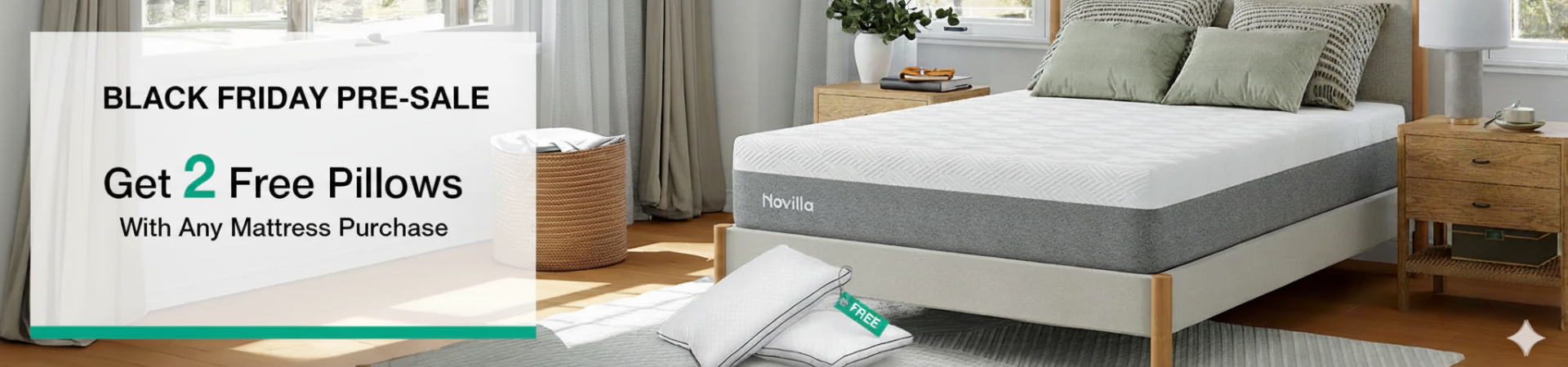 Novilla mattress in a sunlit bedroom, advertising a Black Friday pre-sale with 2 free pillows for any mattress purchase