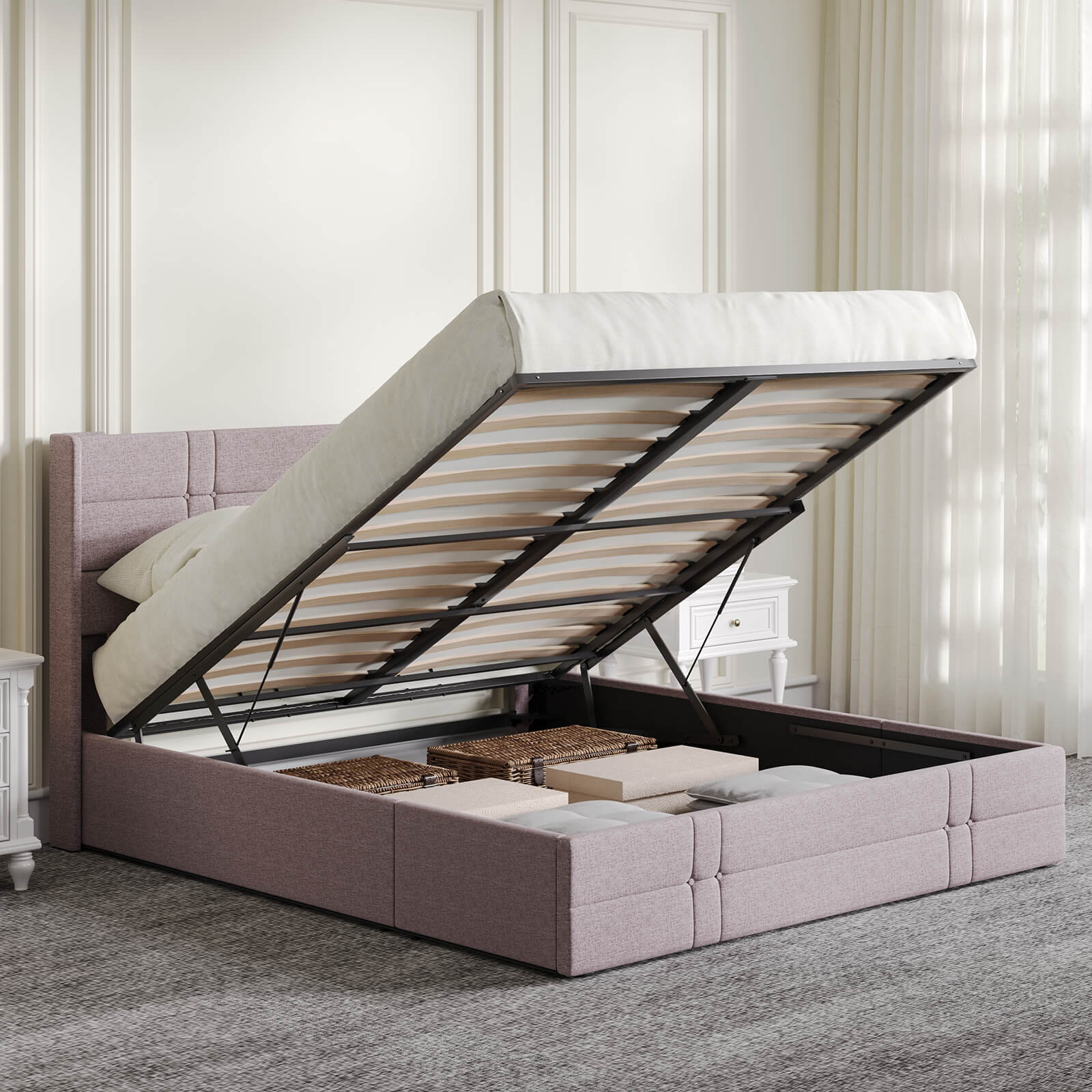 A modern, light purple upholstered storage bed with its mattress lifted to show the spacious under-bed storage compartment