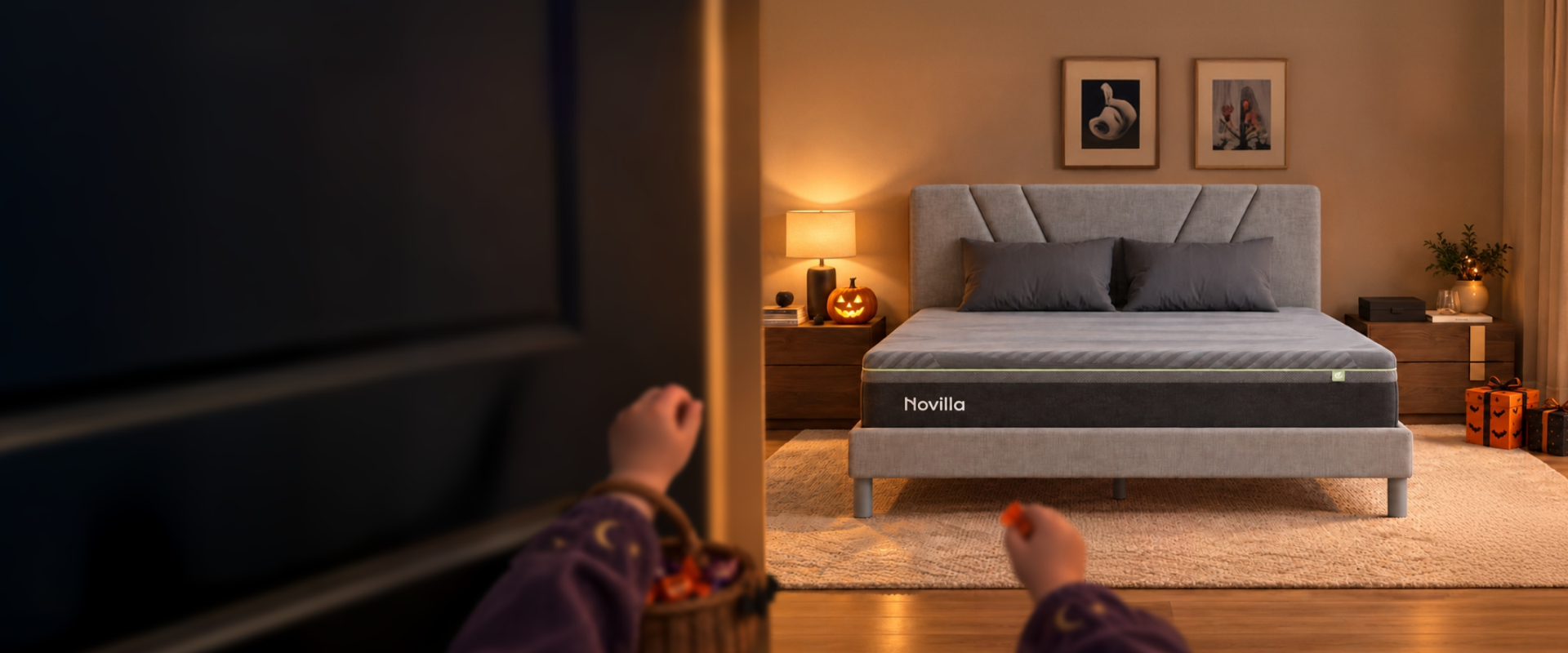 Cozy Halloween bedroom with warm lighting, layered bedding, and seasonal decorations