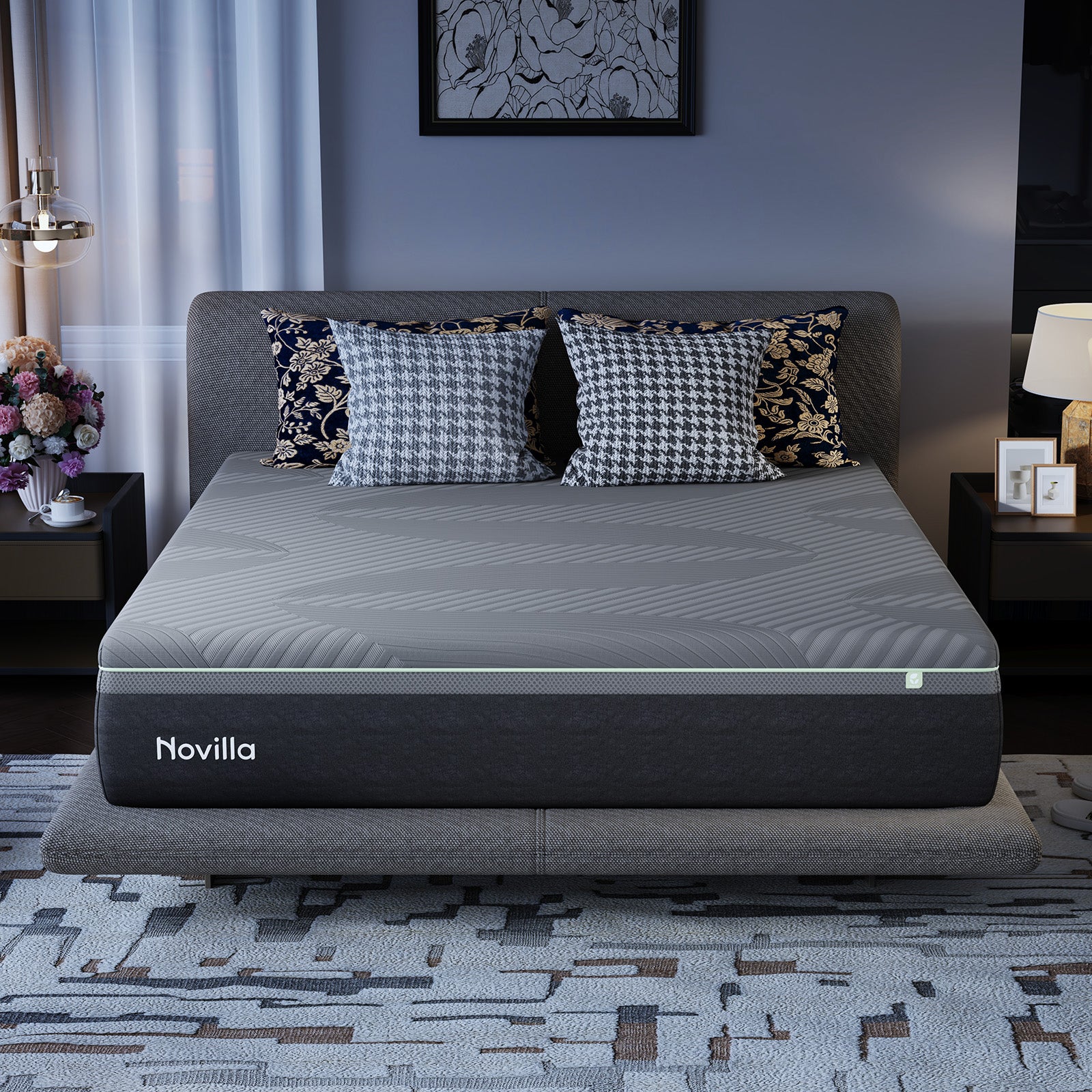 Novilla AiryFlow cooling foam mattress on a bed with patterned pillows.