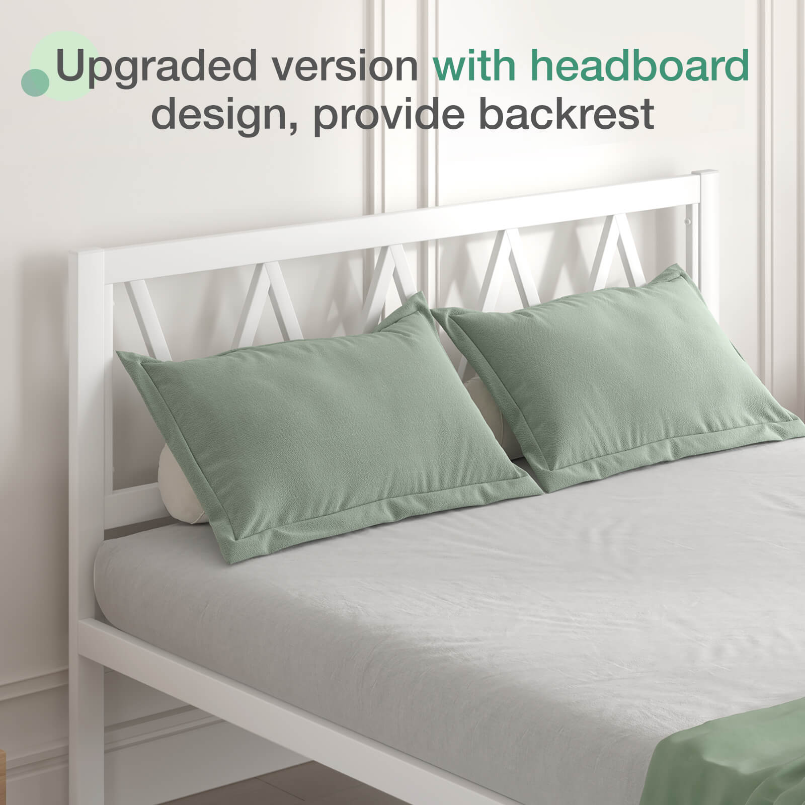 Bliss Comfort Backrest Bundle: white wooden bed frame with criss-cross headboard and sage green pillows.