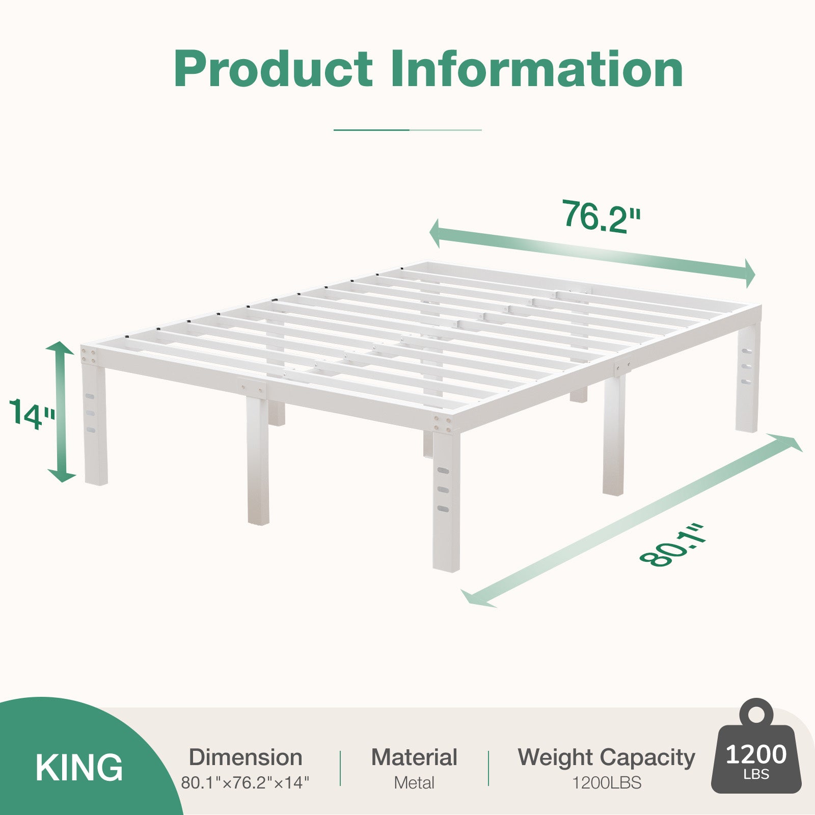 White Vantor King metal bed frame, 80.1