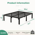 Queen black Vantor metal bed frame with adjustable legs, 80.1" L x 60.4" W x 14" H, 1200 lbs capacity.
