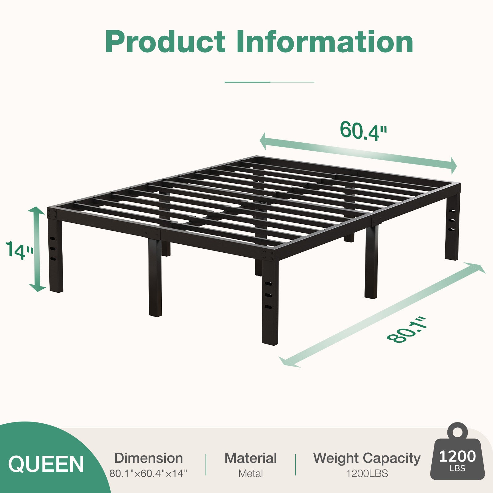 Queen black Vantor metal bed frame with adjustable legs, 80.1" L x 60.4" W x 14" H, 1200 lbs capacity.
