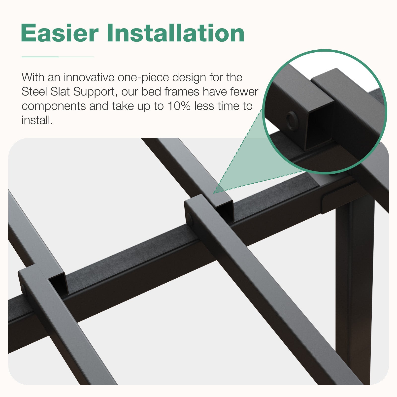 Vantor metal bed frame black steel slat support with one-piece design for easier installation. Close-up detail.