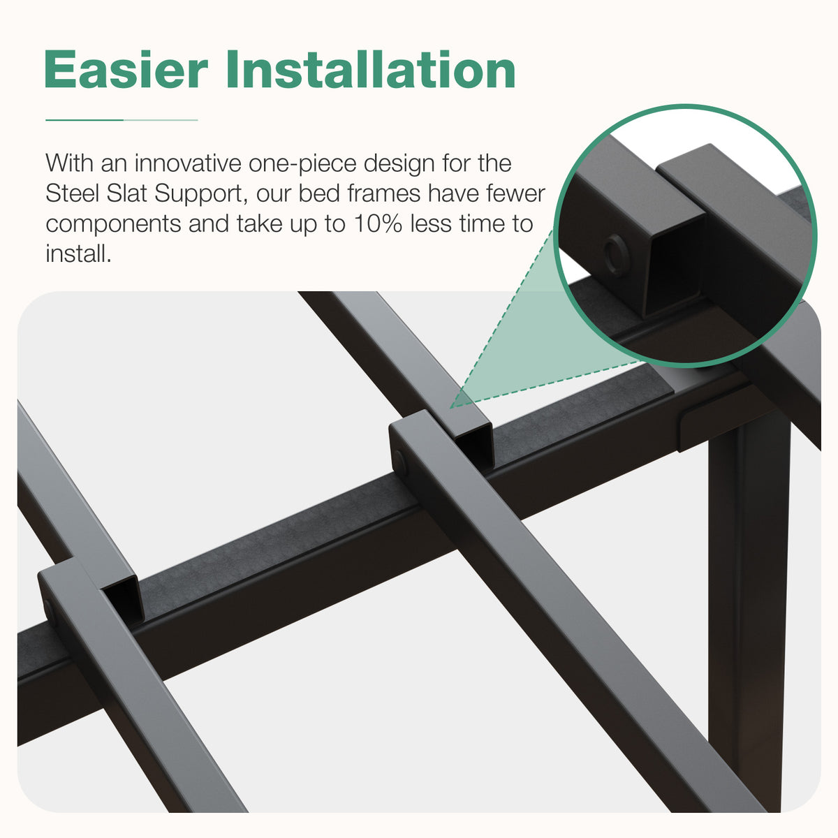 Vantor metal bed frame black steel slat support with one-piece design for easier installation. Close-up detail.