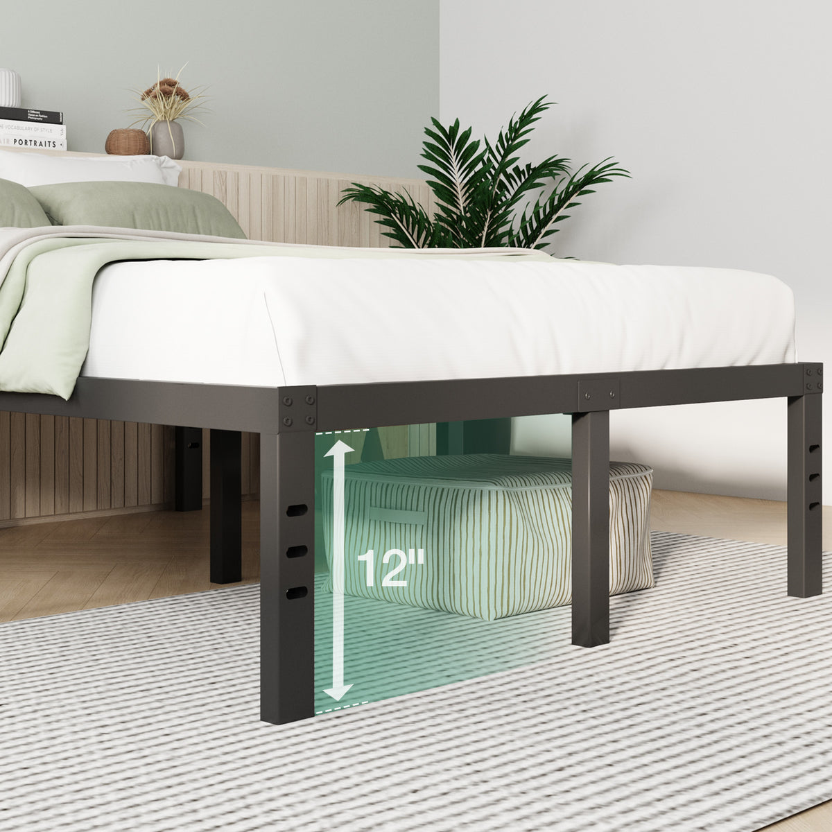 Vantor black metal bed frame with adjustable legs and 12-inch under-bed clearance on striped rug.