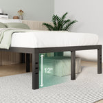 Vantor black metal bed frame with adjustable legs and 12-inch under-bed clearance on striped rug.