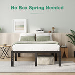 Vantor black metal bed frame, "No Box Spring Needed" feature highlighted, in modern bedroom setting.