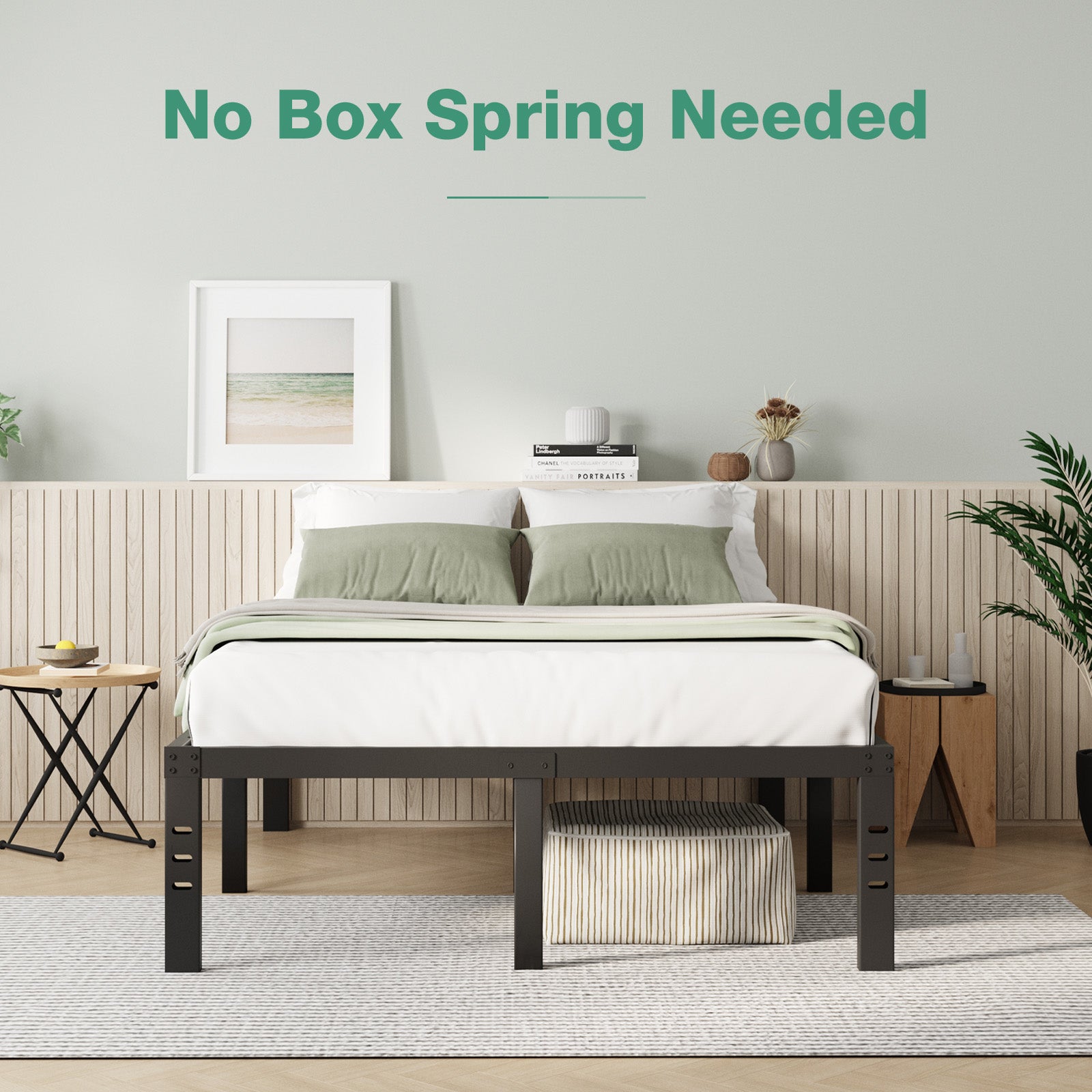 Vantor black metal bed frame, "No Box Spring Needed" feature highlighted, in modern bedroom setting.