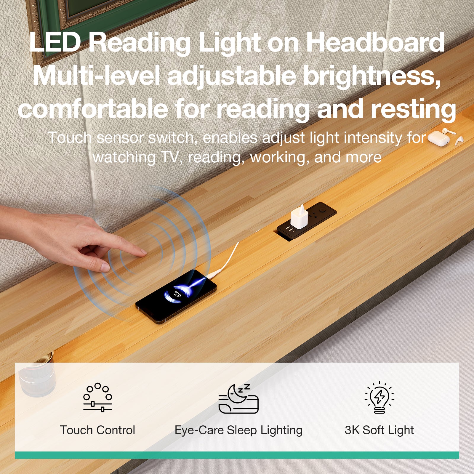 Lumi Wooden LED Bed Frame with Storage Headboard