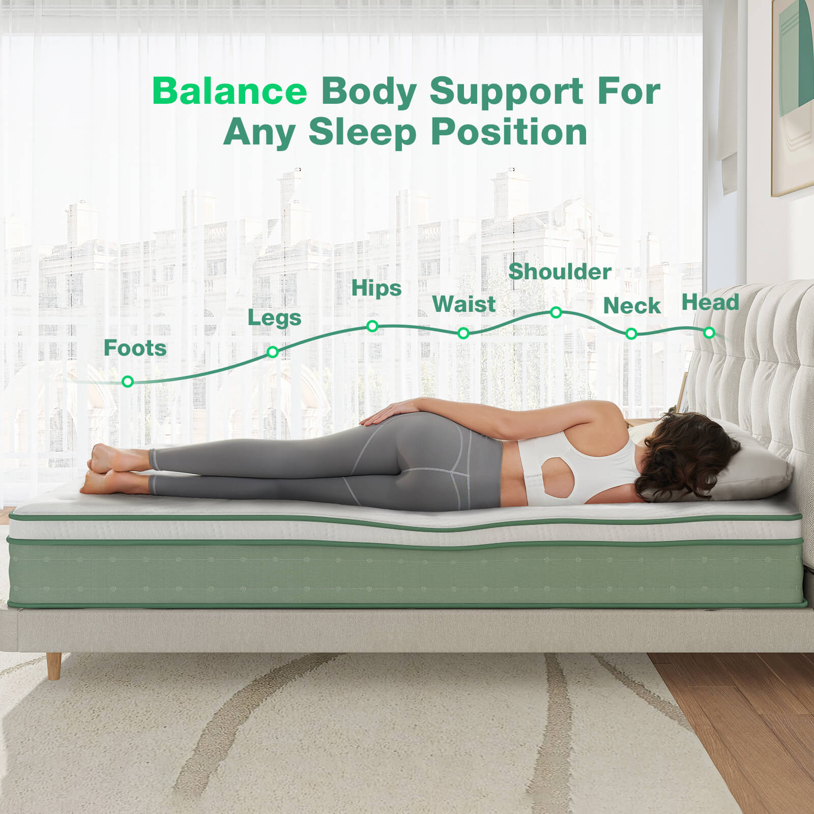 Oasis hybrid mattress: Balanced body support for all sleep positions. Illustrates support for feet, legs, hips, waist, shoulder, neck, head.