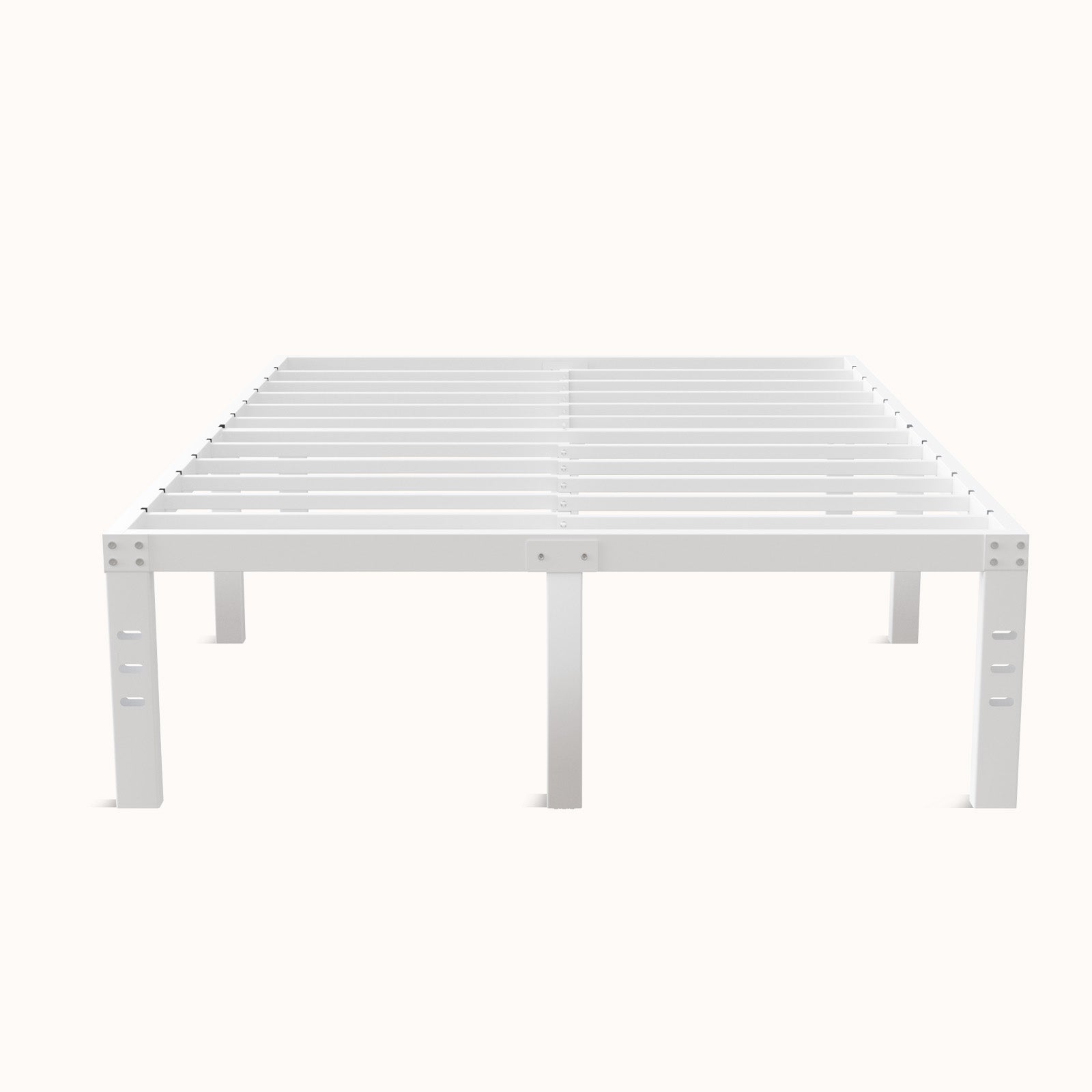 White Vantor metal bed frame with slatted platform and square legs, showcasing durable minimalist design.