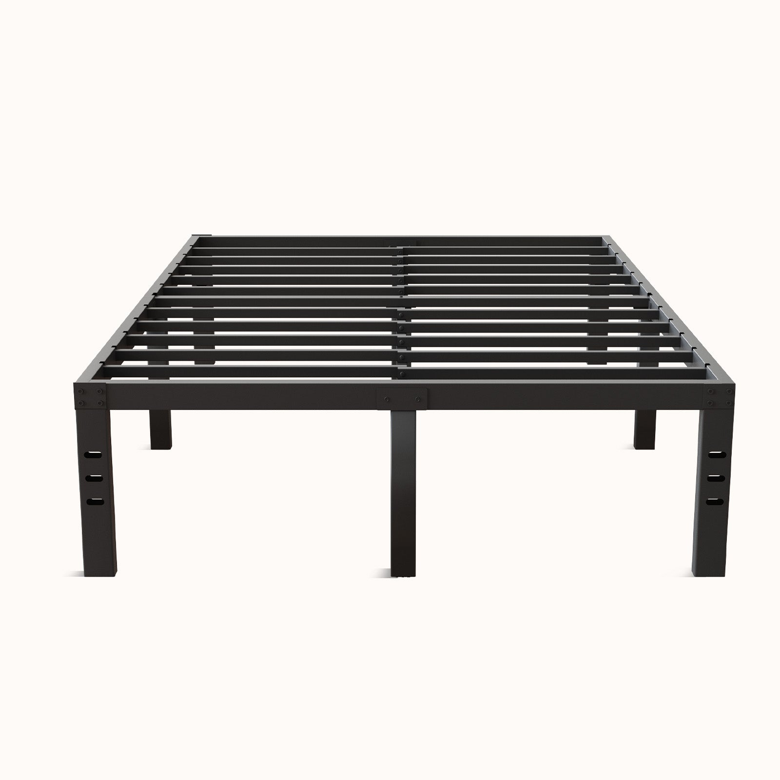 Black Vantor metal bed frame with slatted platform and square legs, industrial design, showcasing product appearance.