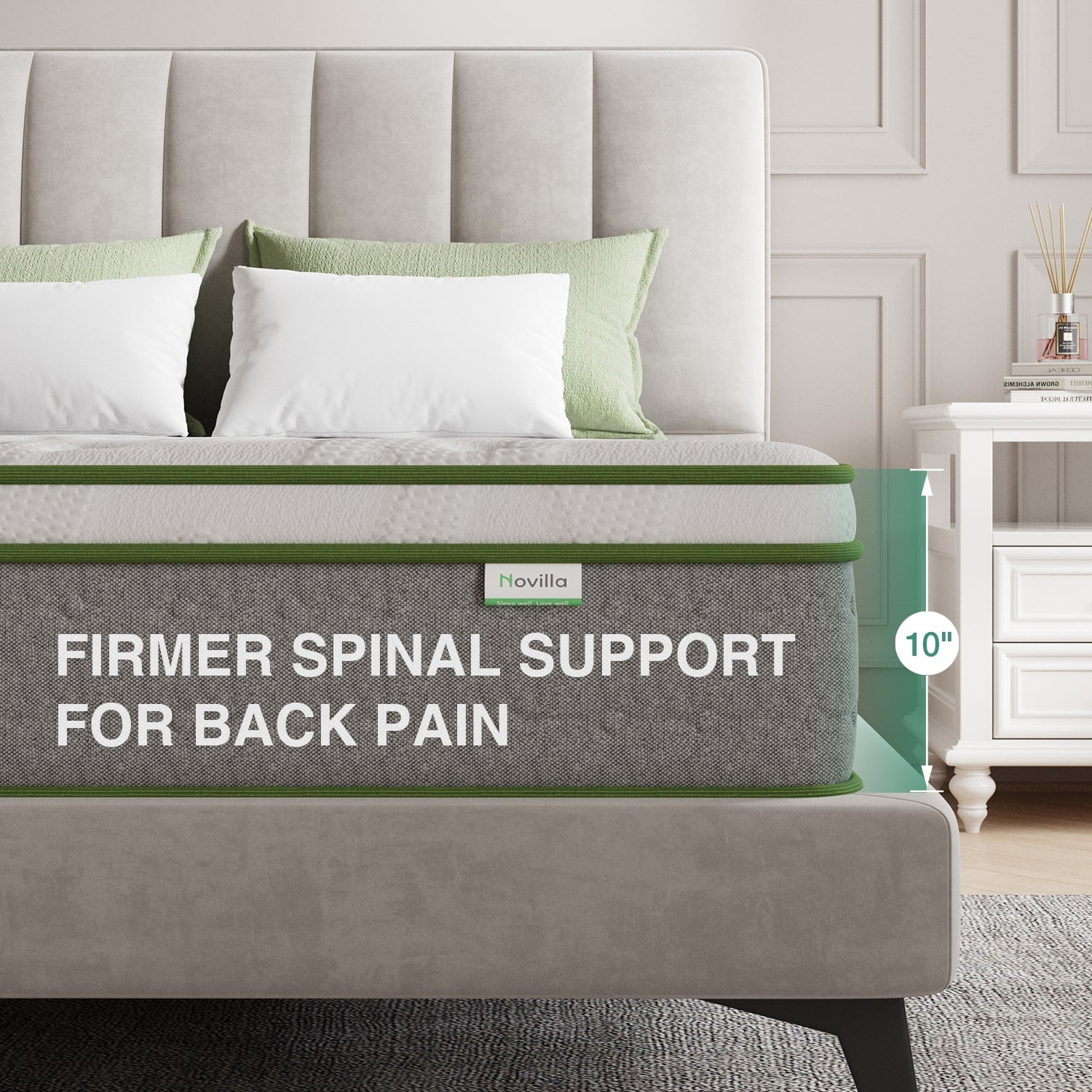 Novilla 10 inch Serenity Hybrid Mattress offers firmer spinal support for back pain relief on a grey bed frame with pillows.