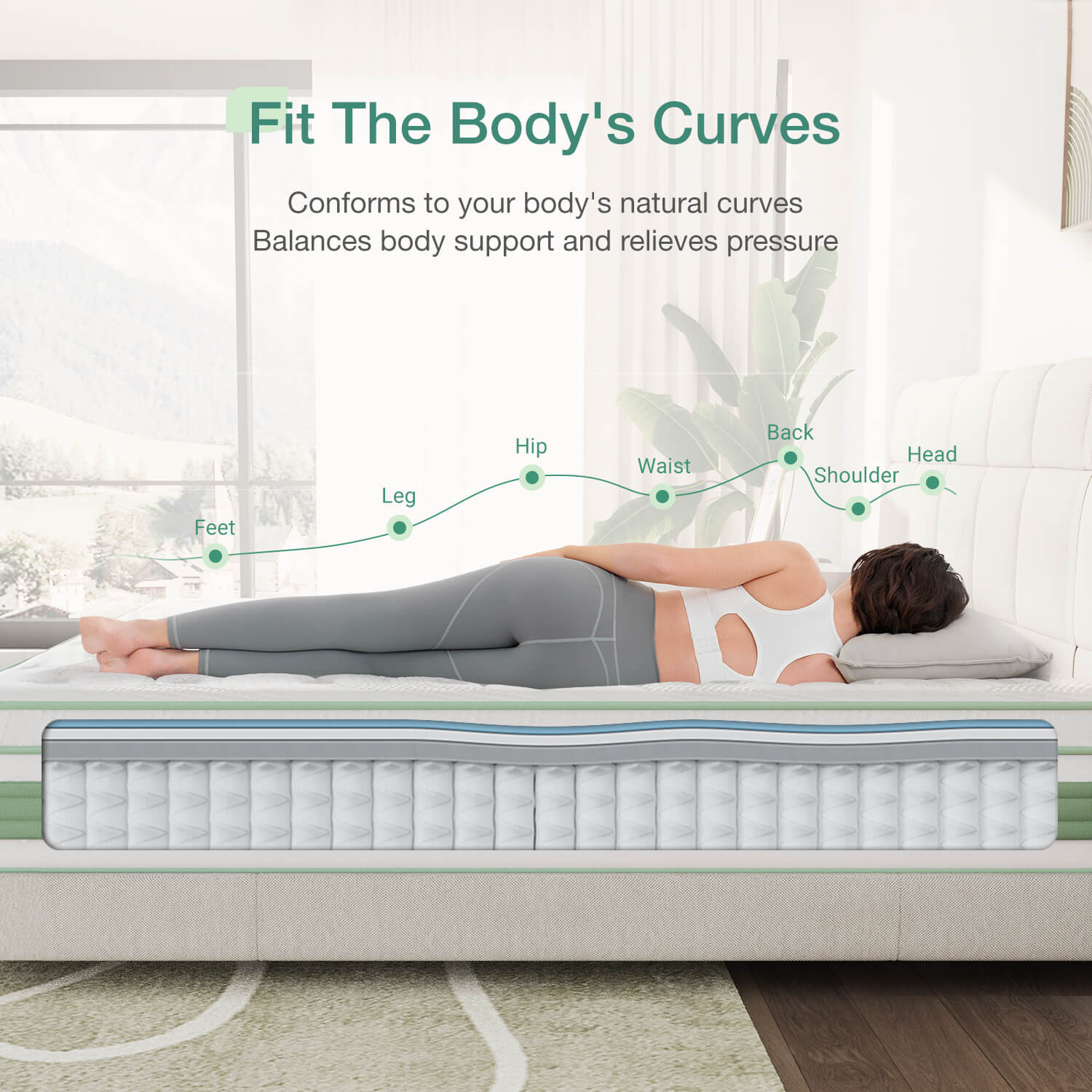 Novilla Buoyant Hybrid Mattress showing contoured support with cutaway view of pocket springs, woman lying on side.