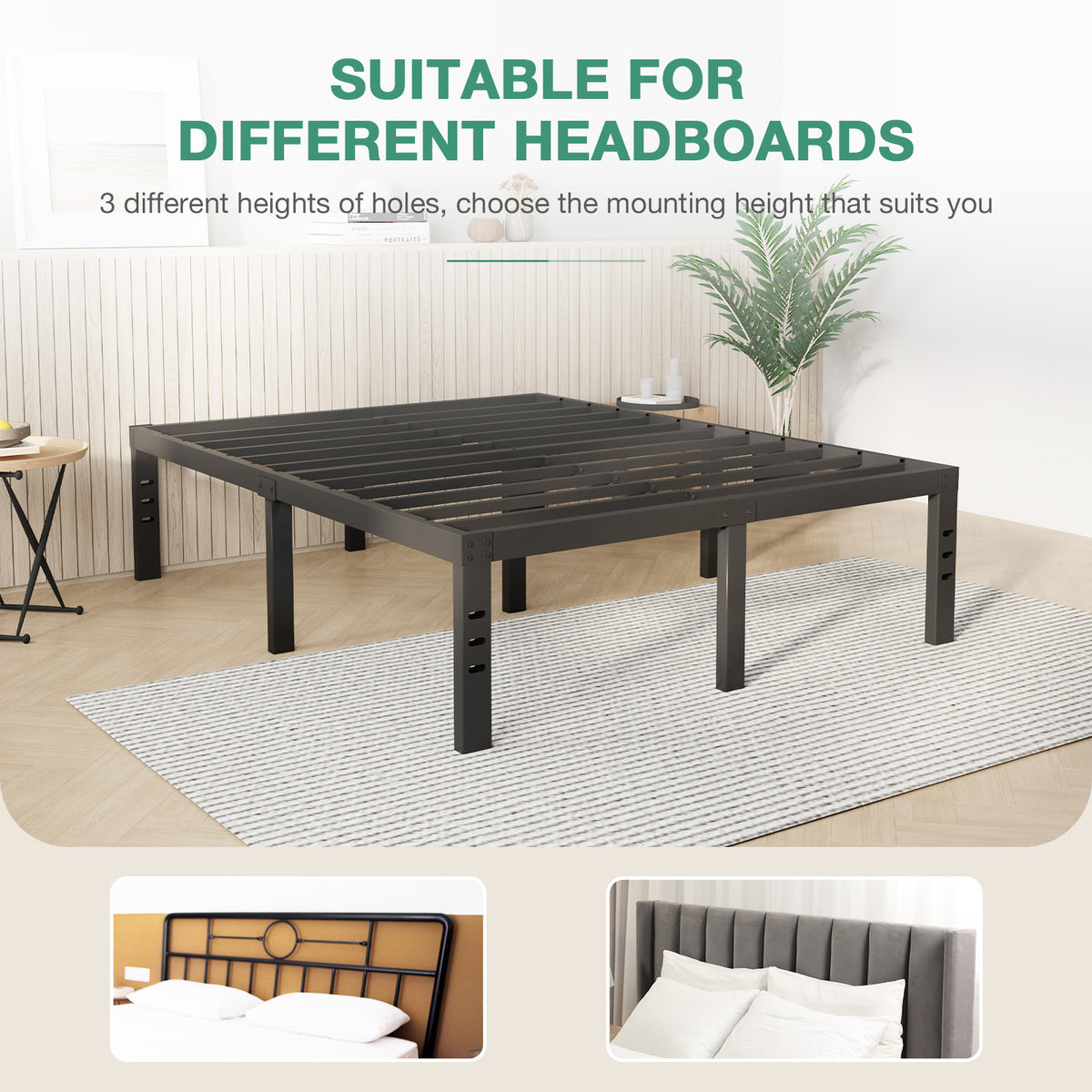 Black Vantor metal bed frame with adjustable headboard mounts and horizontal slats, suitable for various headboard styles.