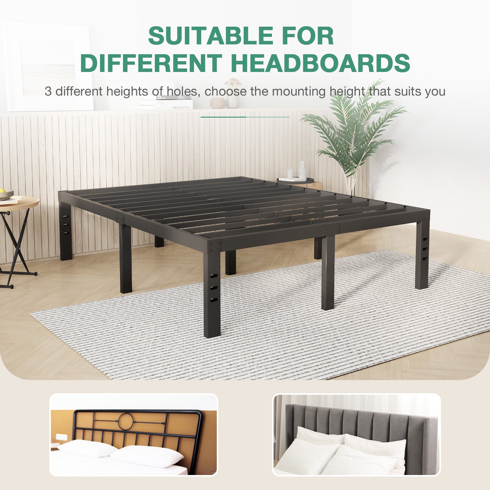 Black Vantor metal bed frame with adjustable headboard mounts and horizontal slats, suitable for various headboard styles.