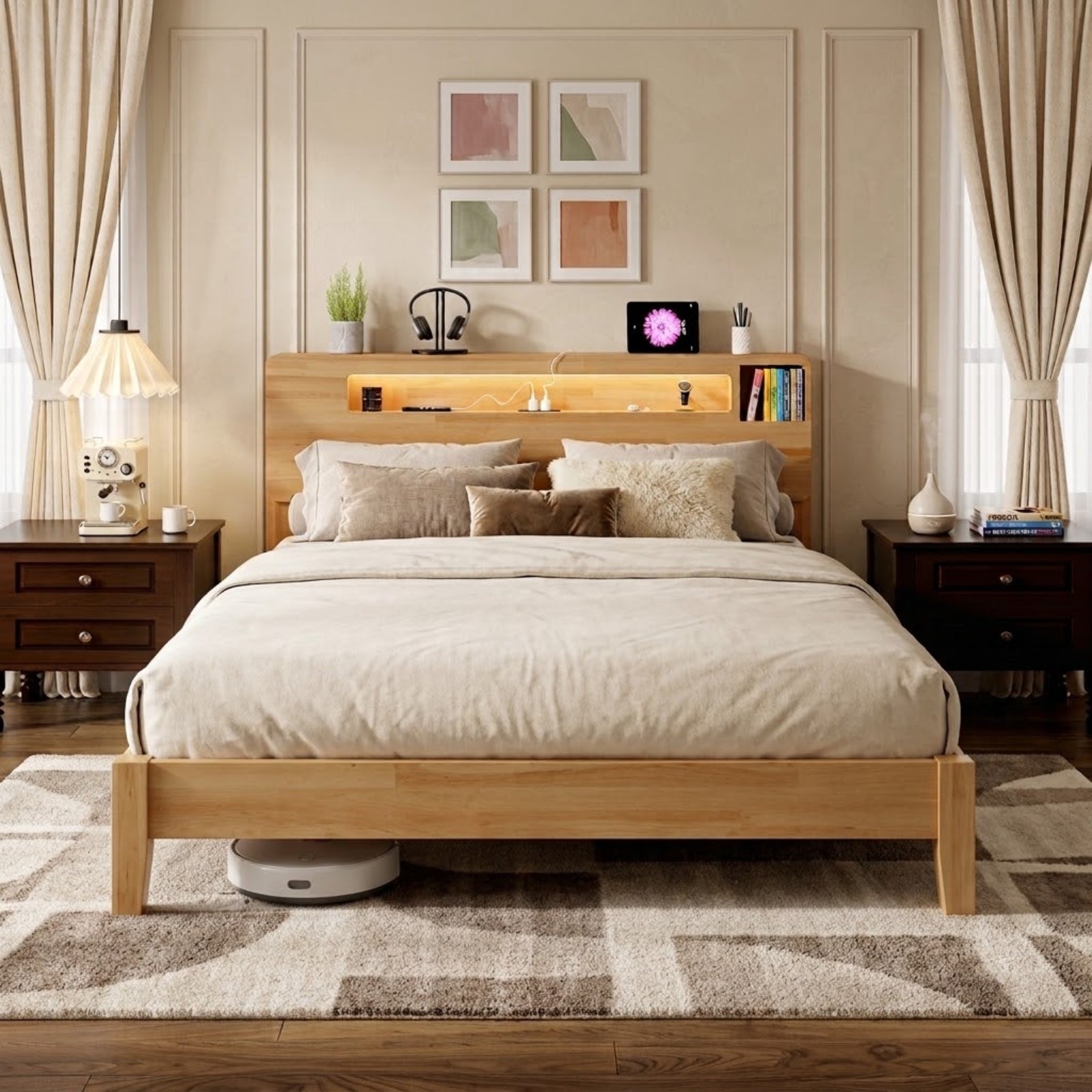 Lumi Wooden LED Bed Frame with Storage Headboard