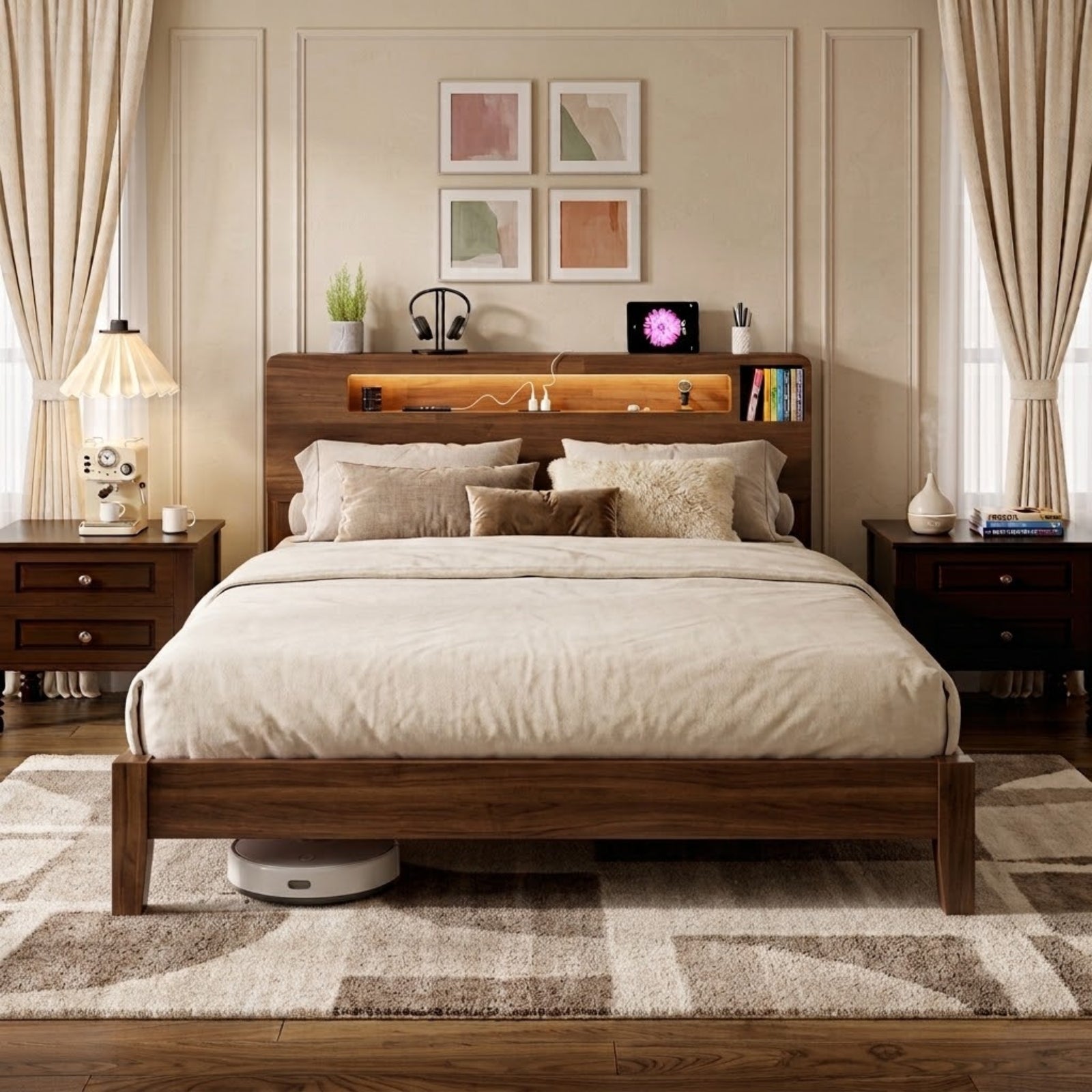 Lumi Wooden LED Bed Frame with Storage Headboard