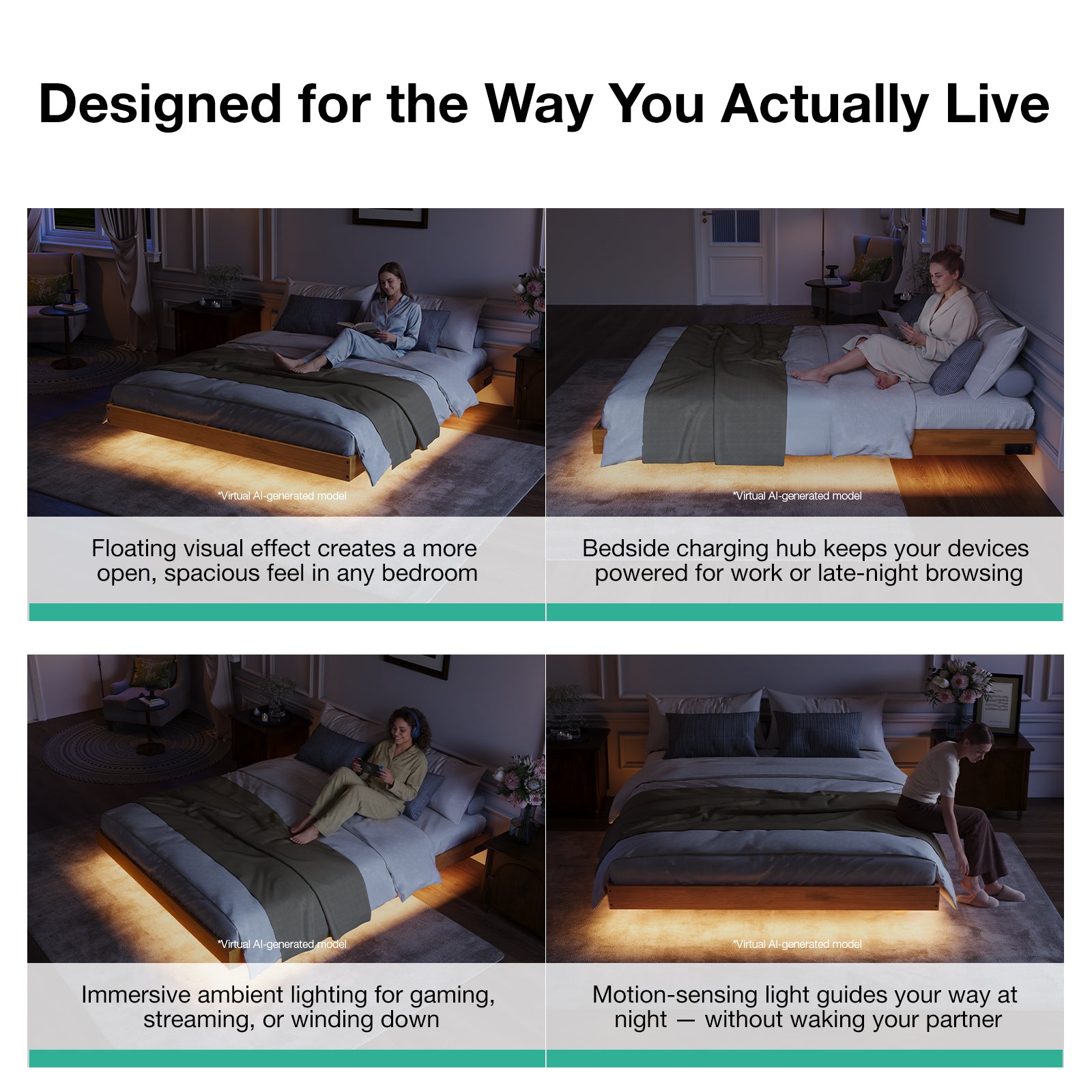 Alora Floating Solid Wood LED Bed Frame