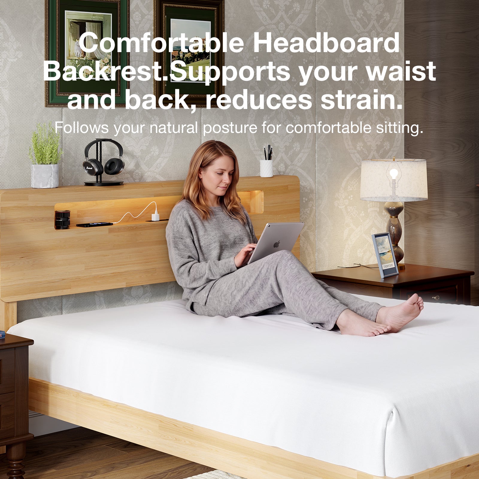 Lumi Wooden LED Bed Frame with Storage Headboard