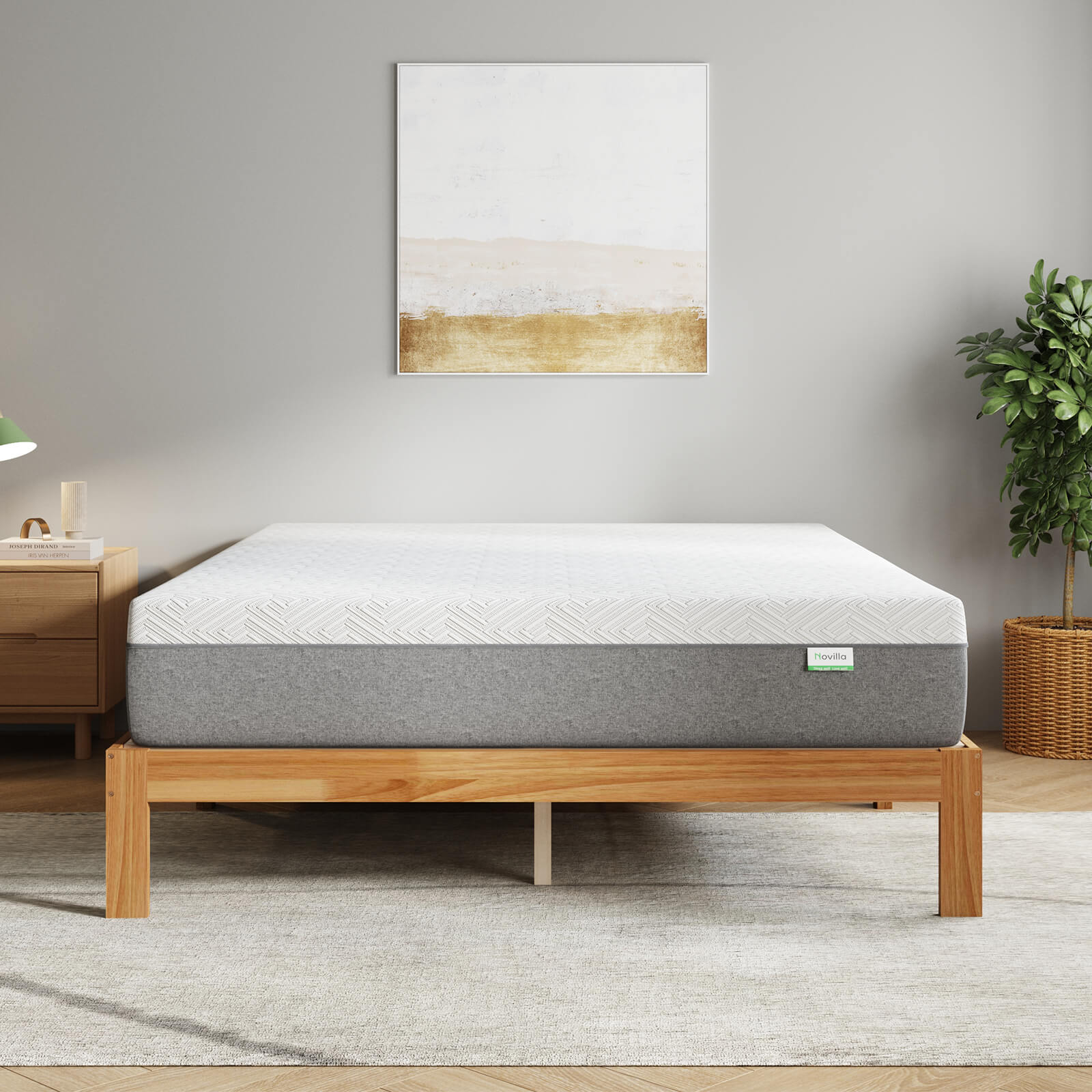 Bliss Foundation Bundle mattress on a wooden bed frame in a bedroom setting.