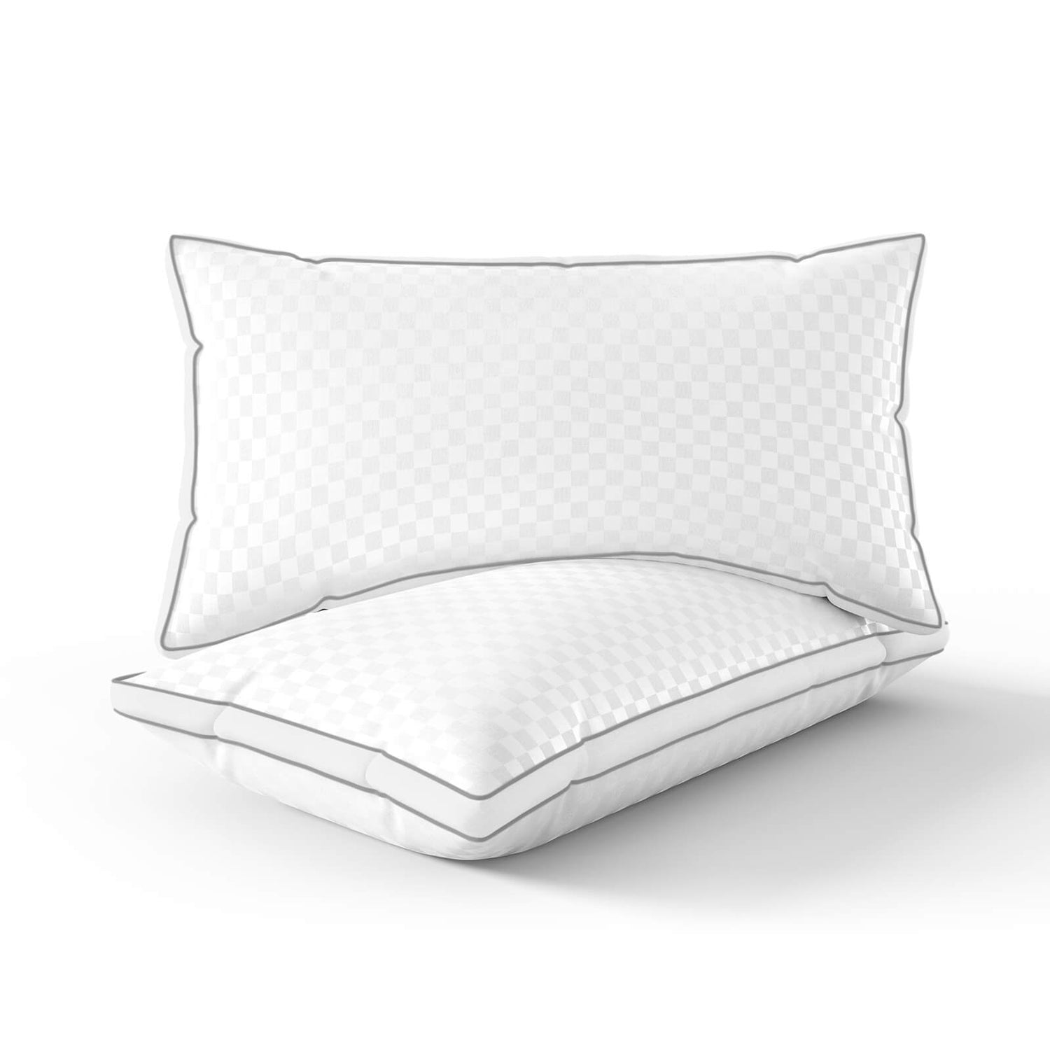 Two white queen size neck support pillows with checkered pattern and gray piping on a white background.
