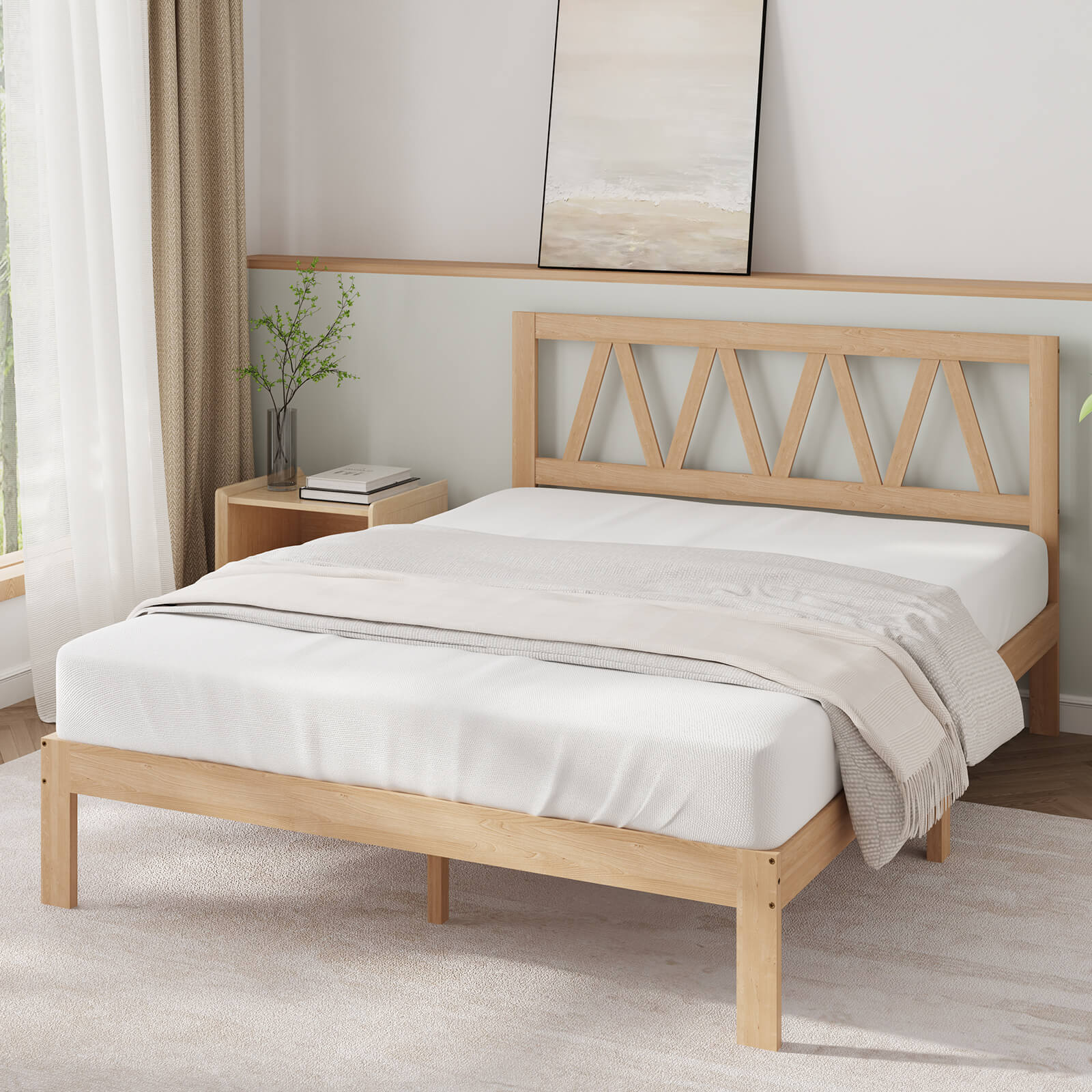 Classic wooden bed frame with geometric headboard, light wood finish, shown with mattress and bedding.