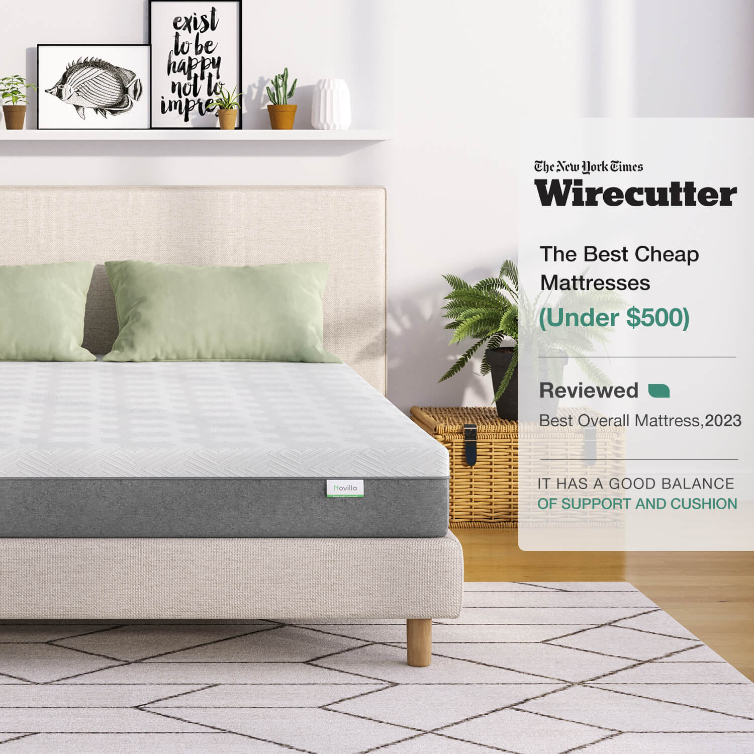 Bliss memory foam mattress with white quilted top, grey sides, on upholstered frame, awarded best overall by Wirecutter.