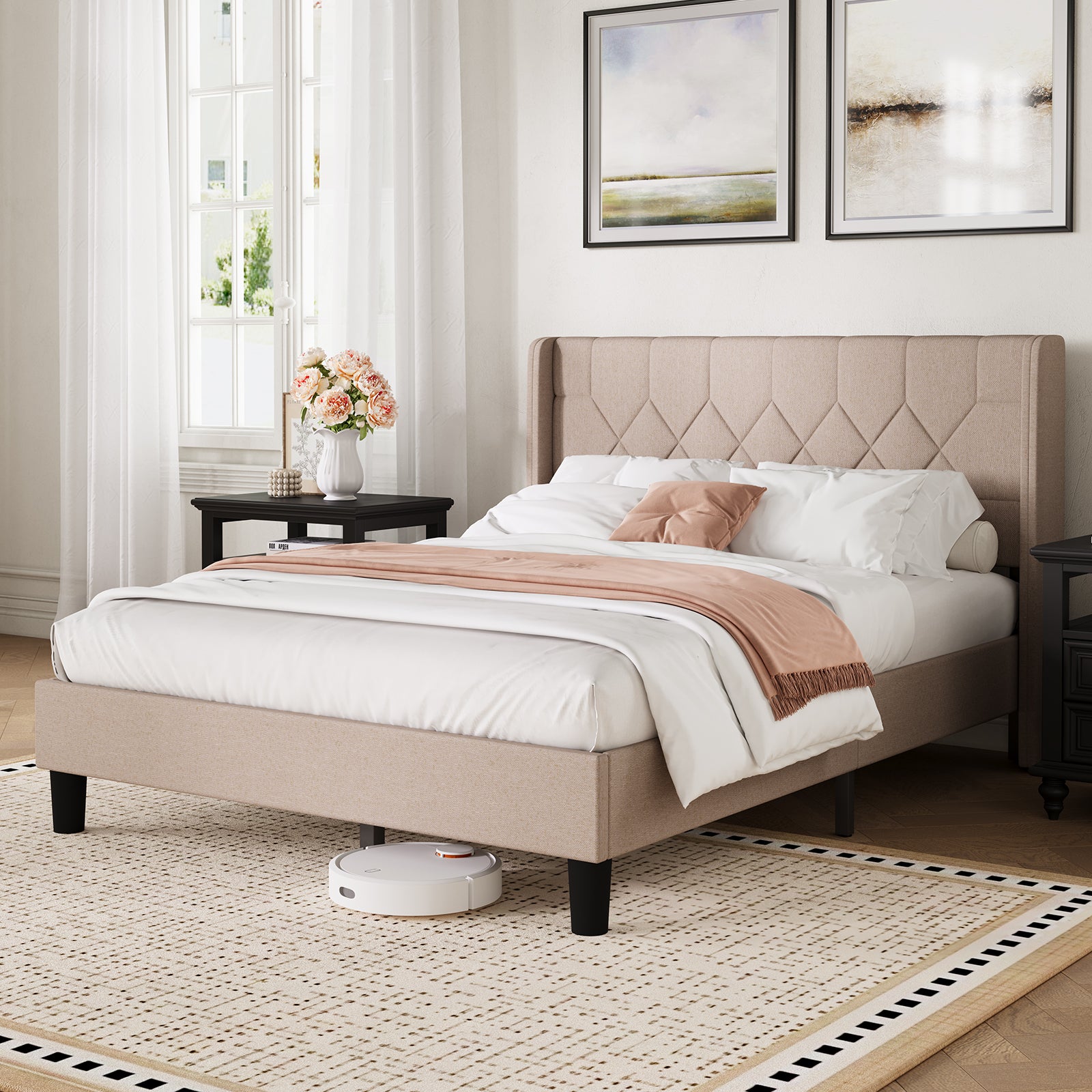 Linen Wingback Upholstered Bed Frame