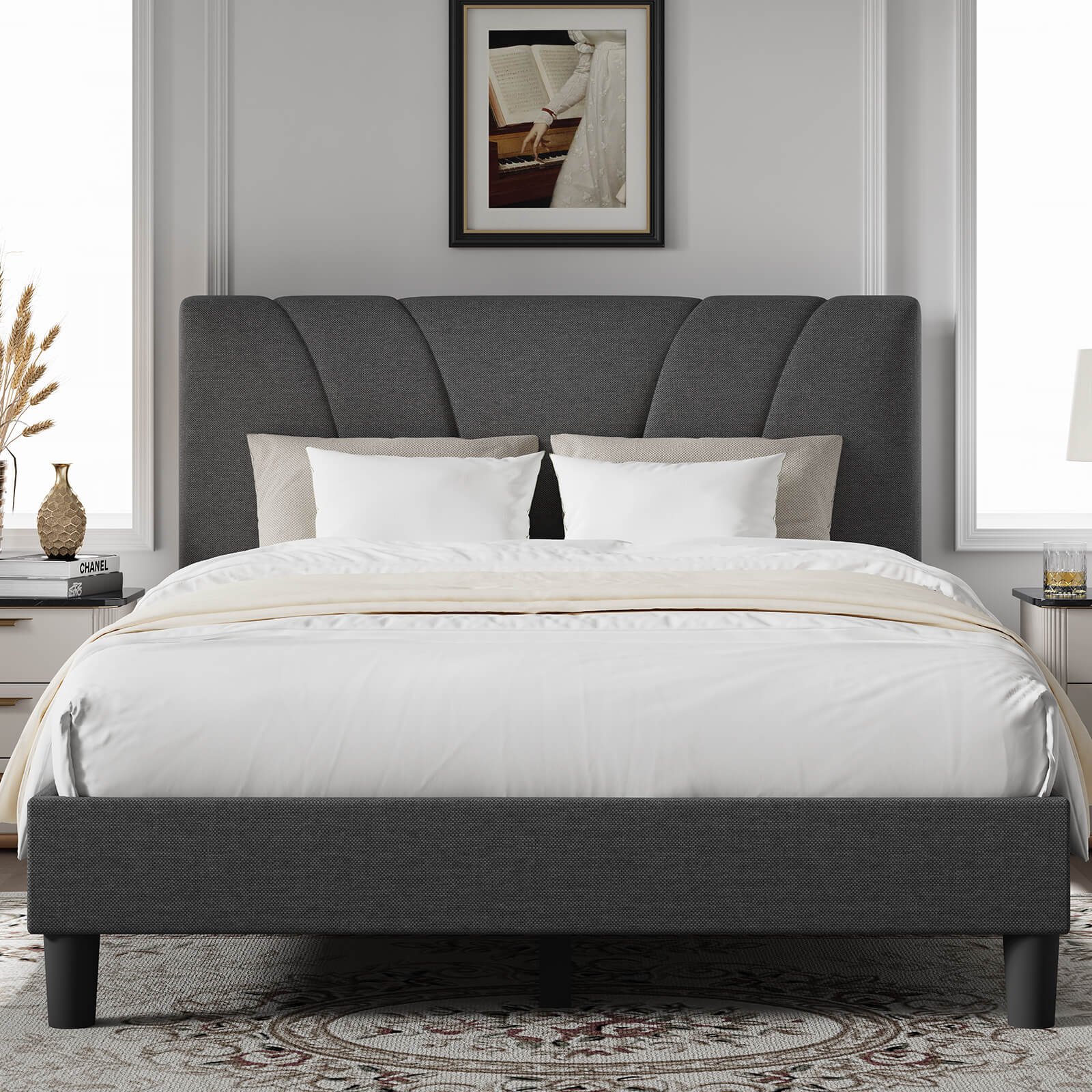Classic Luxe dark gray upholstered bed frame with fluted headboard, shown with white bedding in a bedroom setting.