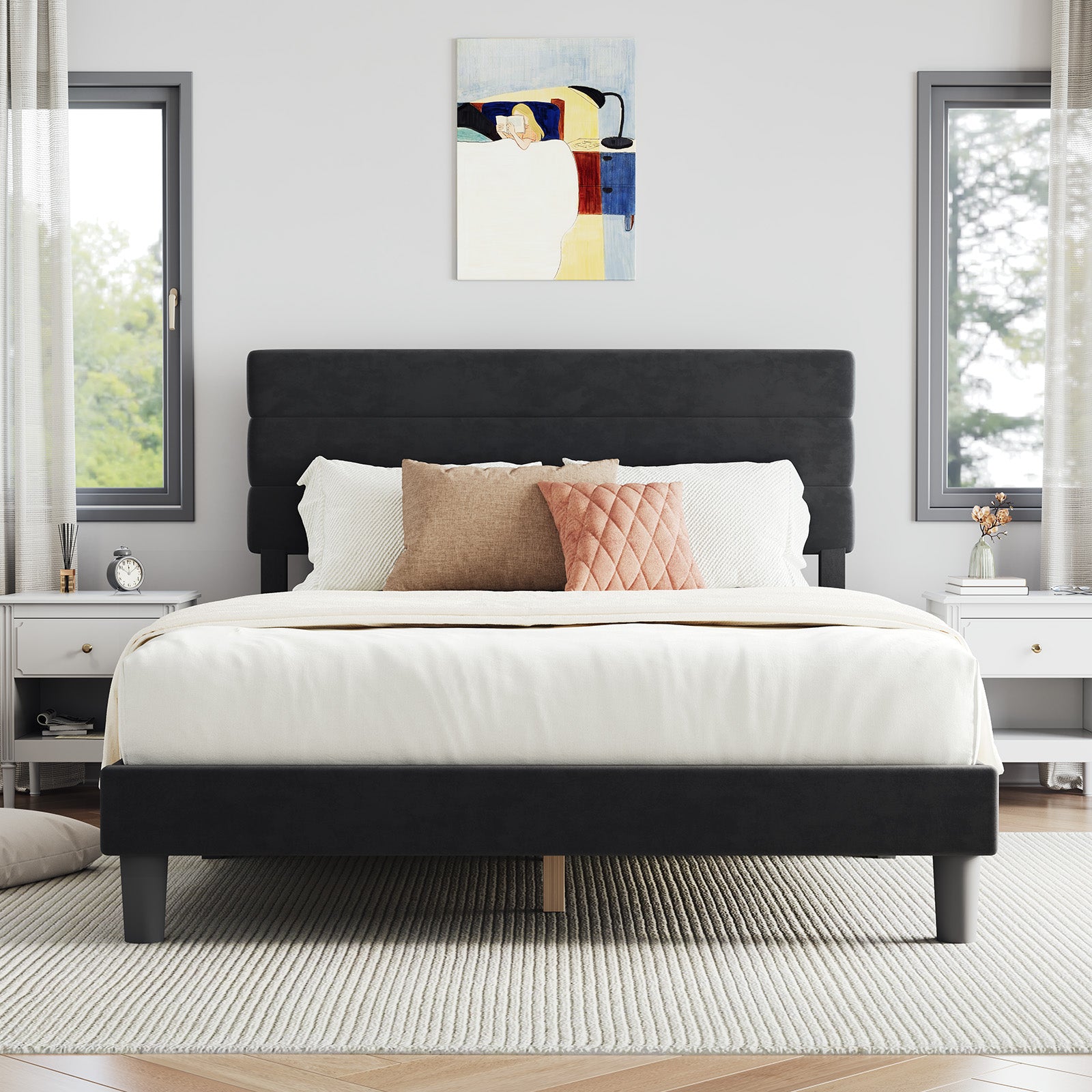 Lina Stripe Bed Frame with Adjustable Headboard