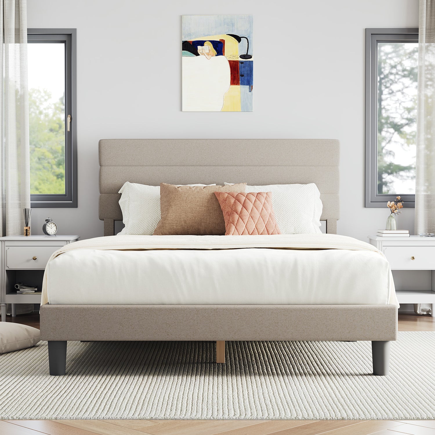 Lina Stripe Bed Frame with Adjustable Headboard