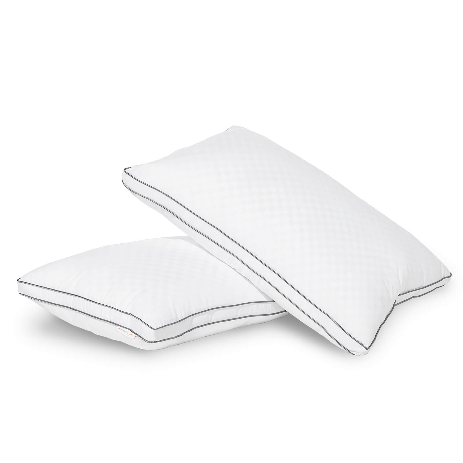 Two white queen size neck support pillows with diamond pattern fabric and gray piping on white background.