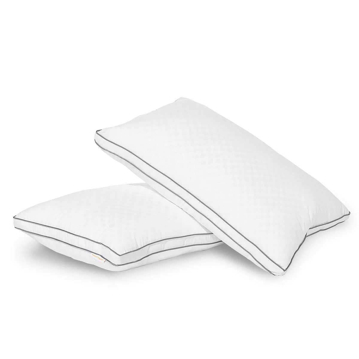 Two white queen size neck support pillows with diamond pattern fabric and gray piping on white background.