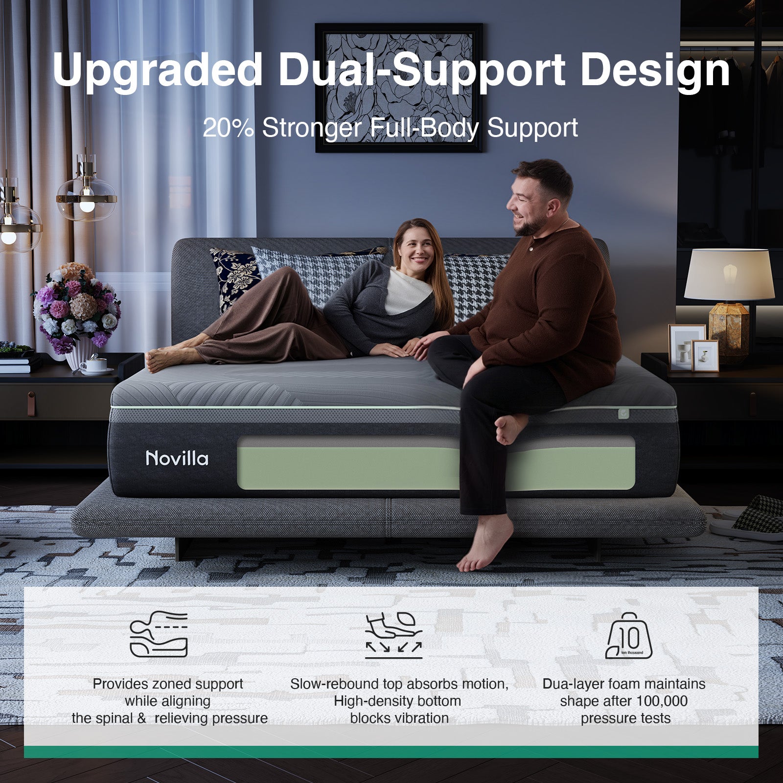 Novilla AiryFlow mattress with dual-support design, two people resting comfortably on it.