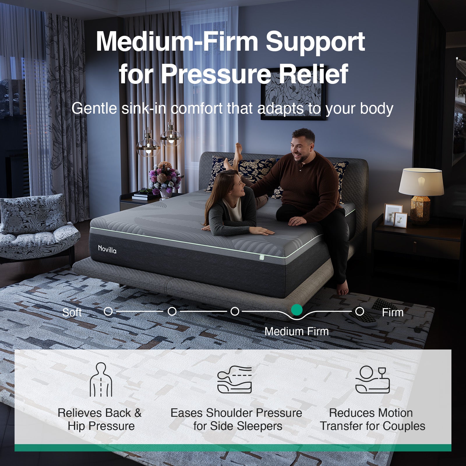 Novilla AiryFlow cooling mattress: medium-firm support, pressure relief, and motion isolation. Shows couple in bedroom.