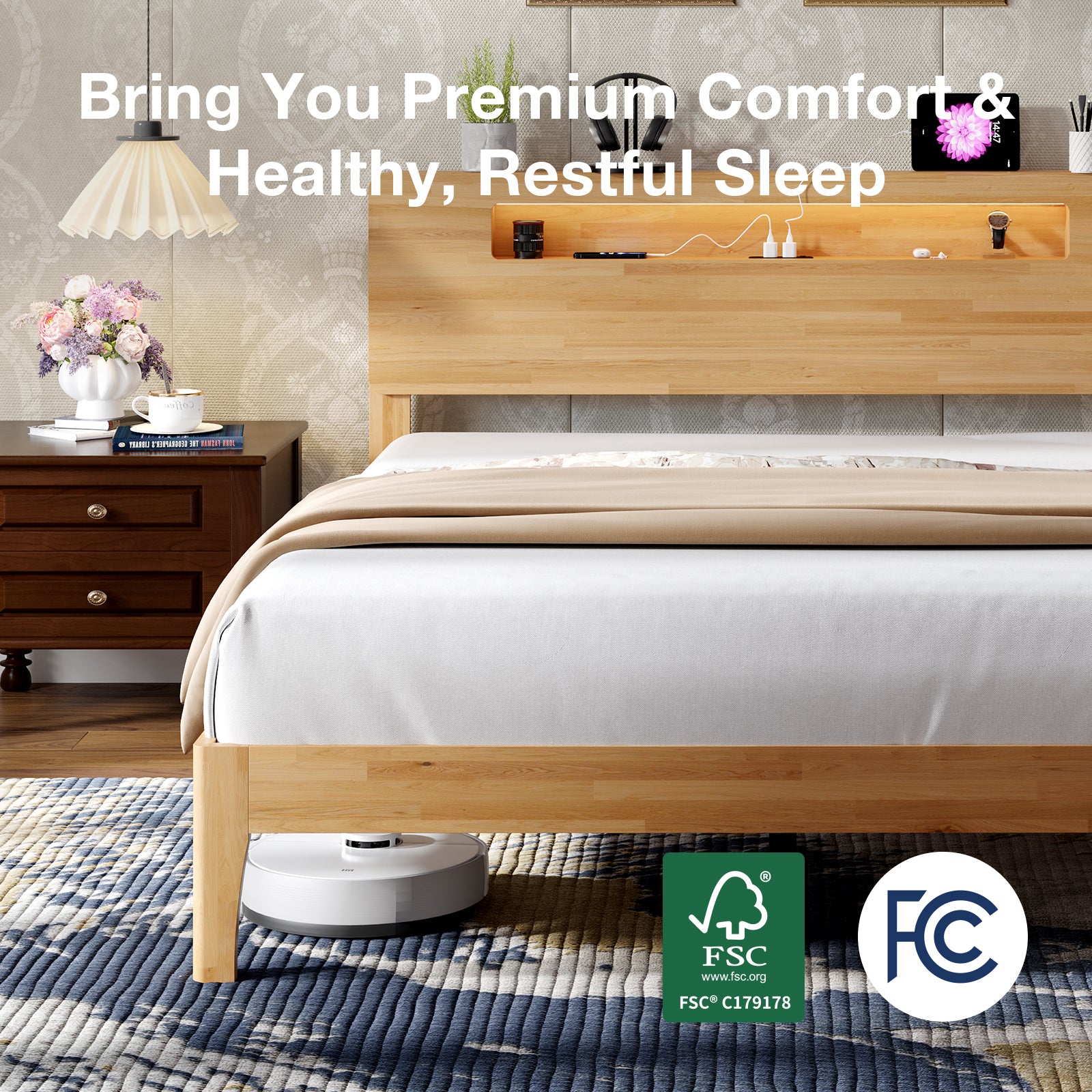 Lumi Wooden LED Bed Frame with Storage Headboard