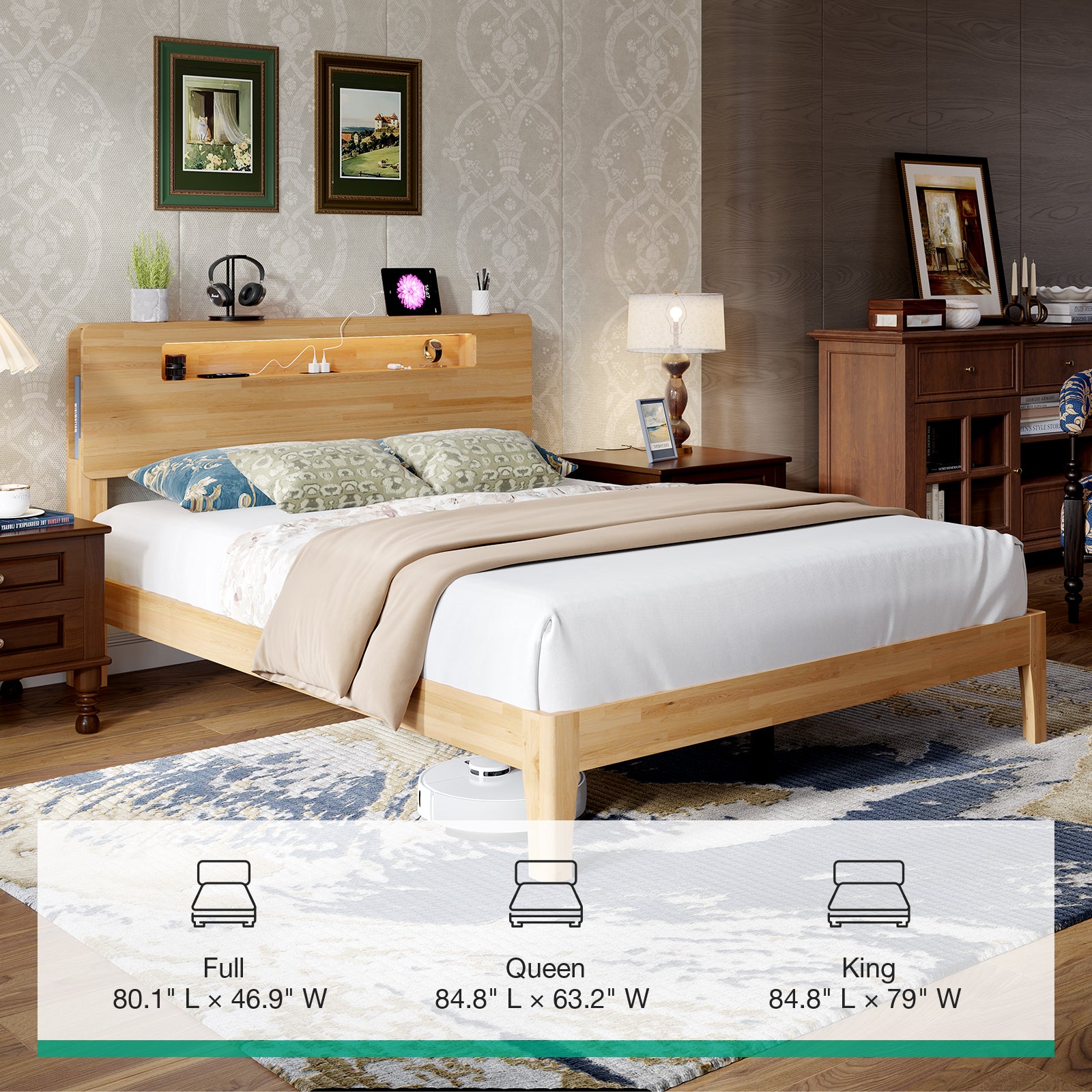 Lumi Wooden LED Bed Frame with Storage Headboard