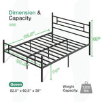 Wrought metal Queen bed frame dimensions: 82.5" L x 60.5" W x 39" H, 14" clearance, 1200 lbs capacity.
