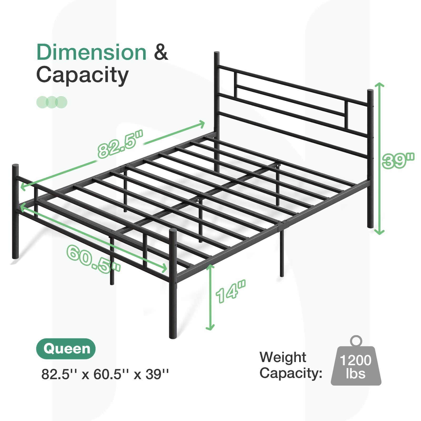 Wrought metal Queen bed frame dimensions: 82.5" L x 60.5" W x 39" H, 14" clearance, 1200 lbs capacity.