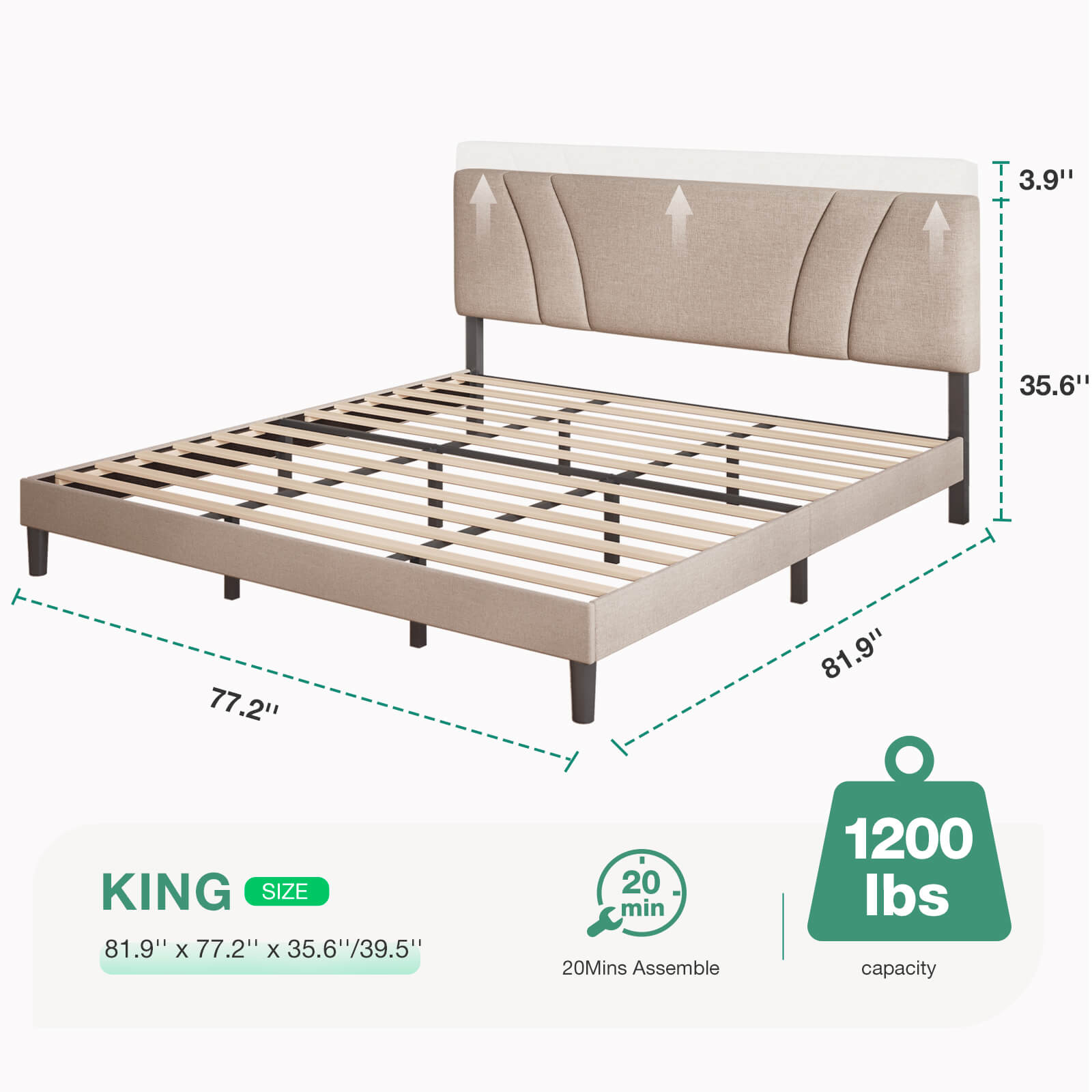 King size beige upholstered bed frame with adjustable headboard, dimensions, 20-min assembly, 1200 lbs capacity.