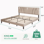 King size beige upholstered bed frame with adjustable headboard, dimensions, 20-min assembly, 1200 lbs capacity.