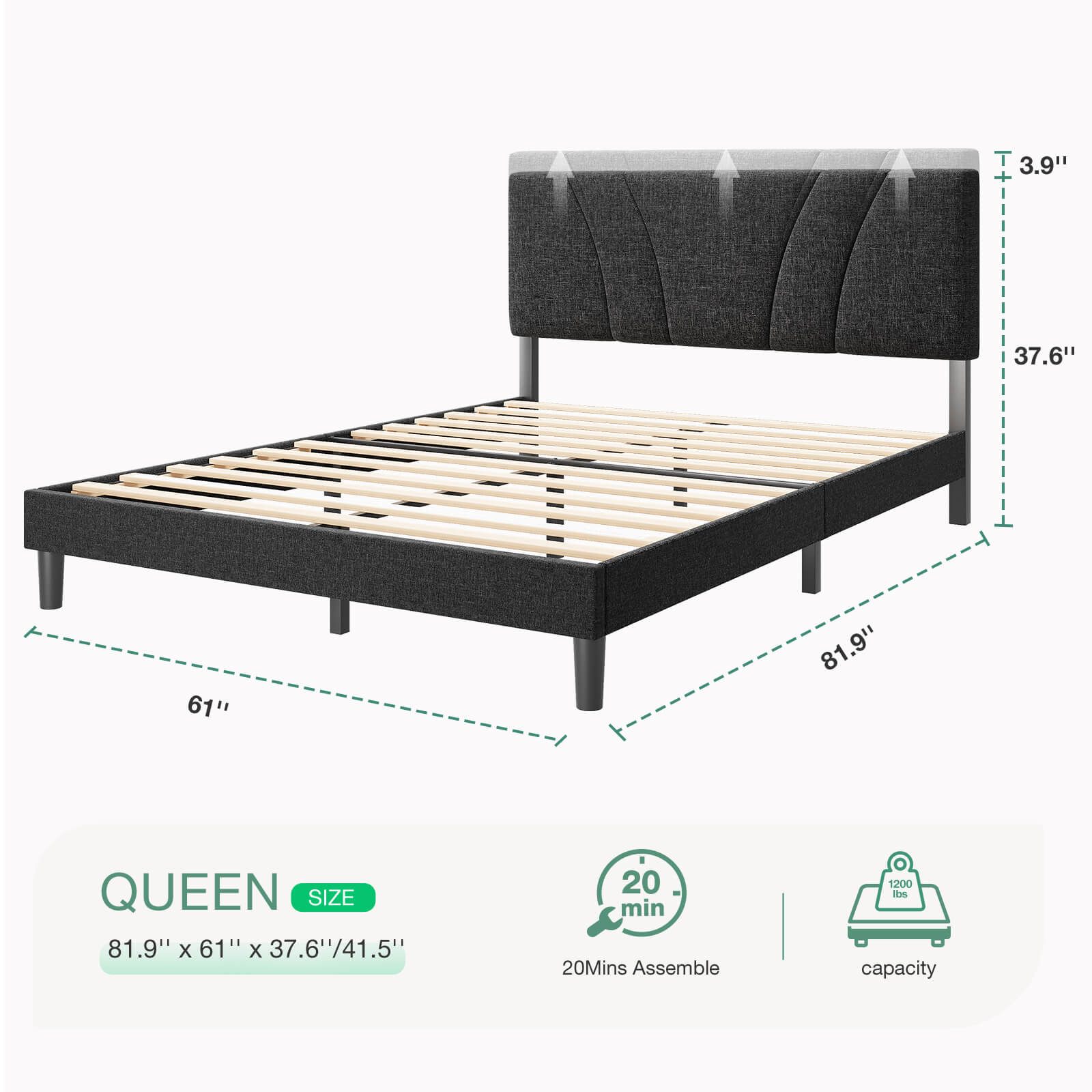 Bliss Adjustable Sleep Bundle queen bed frame: dark gray, tufted headboard, dimensions, 20-min assembly, 1200 lbs capacity.