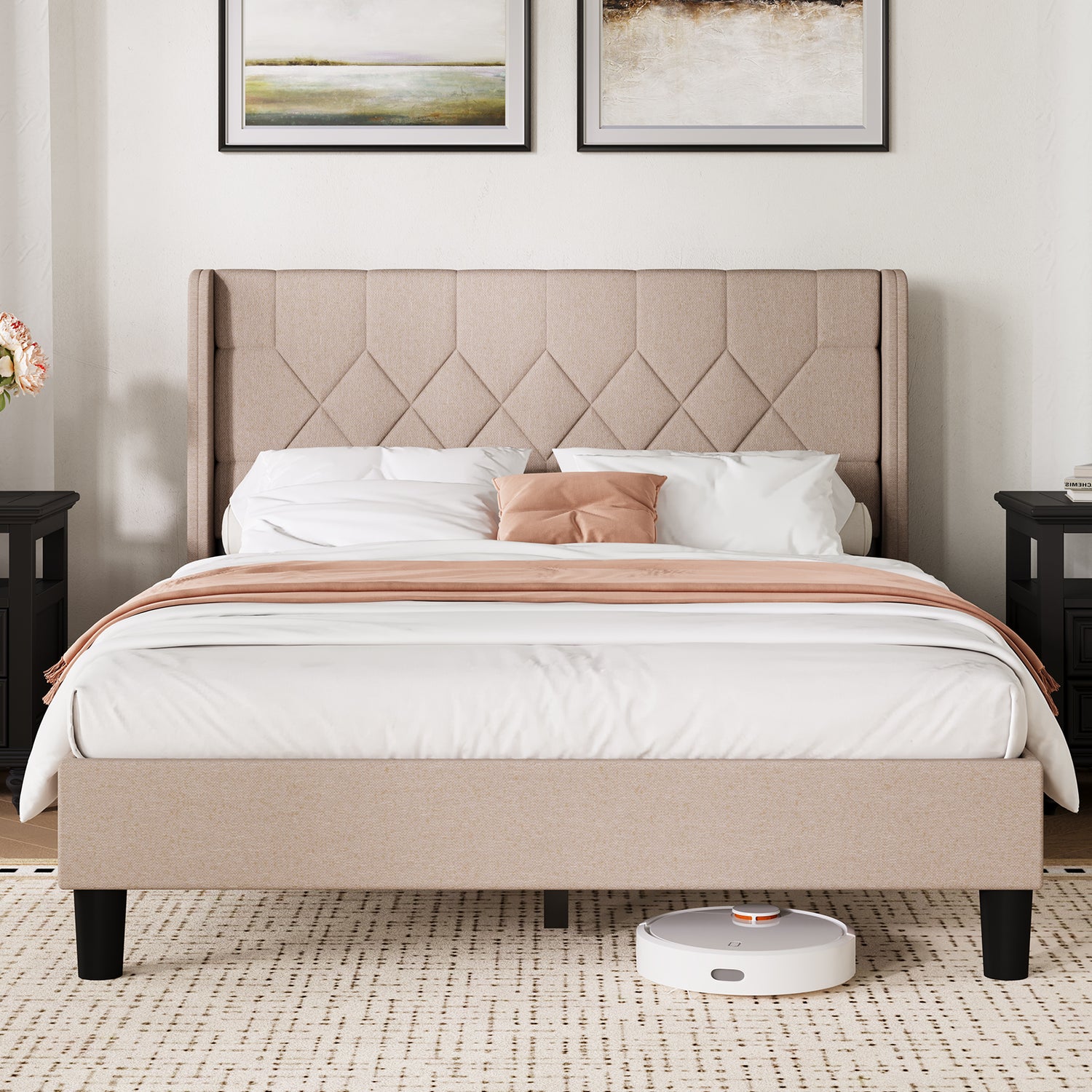Linen Wingback Upholstered Bed Frame