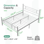 Bliss Silent Support Queen bed frame dimensions: 82.5" L x 60.8" W x 39" H, 14" clearance, 1200 lbs capacity.