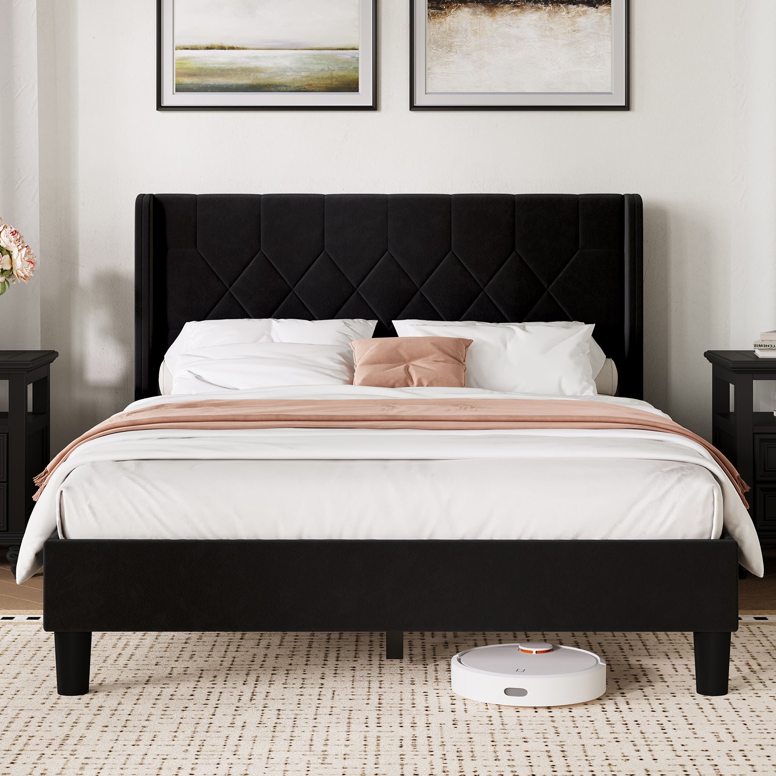 Linen Wingback Upholstered Bed Frame
